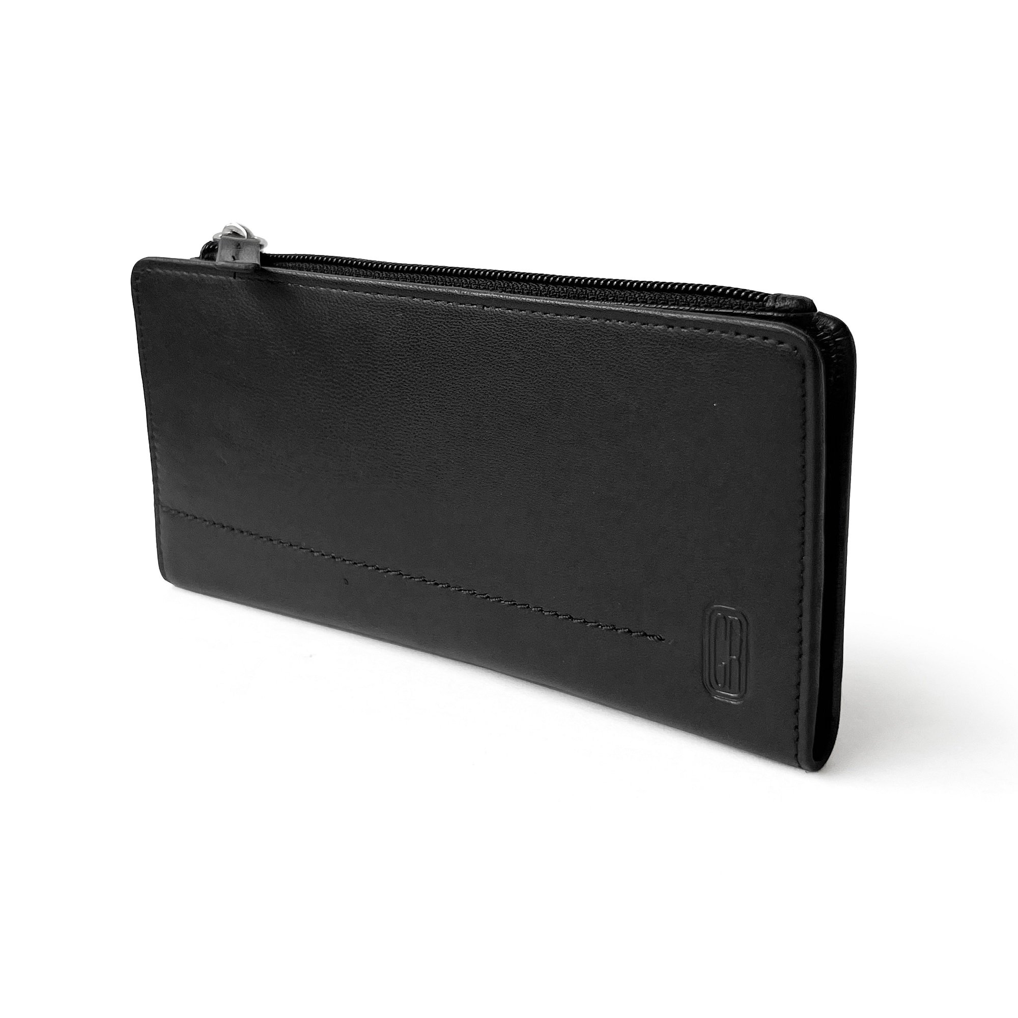 Ladies Slim Clutch Wallet with Top Zipper featuring RFID protection, card slots, and ID windows in a stylish design.