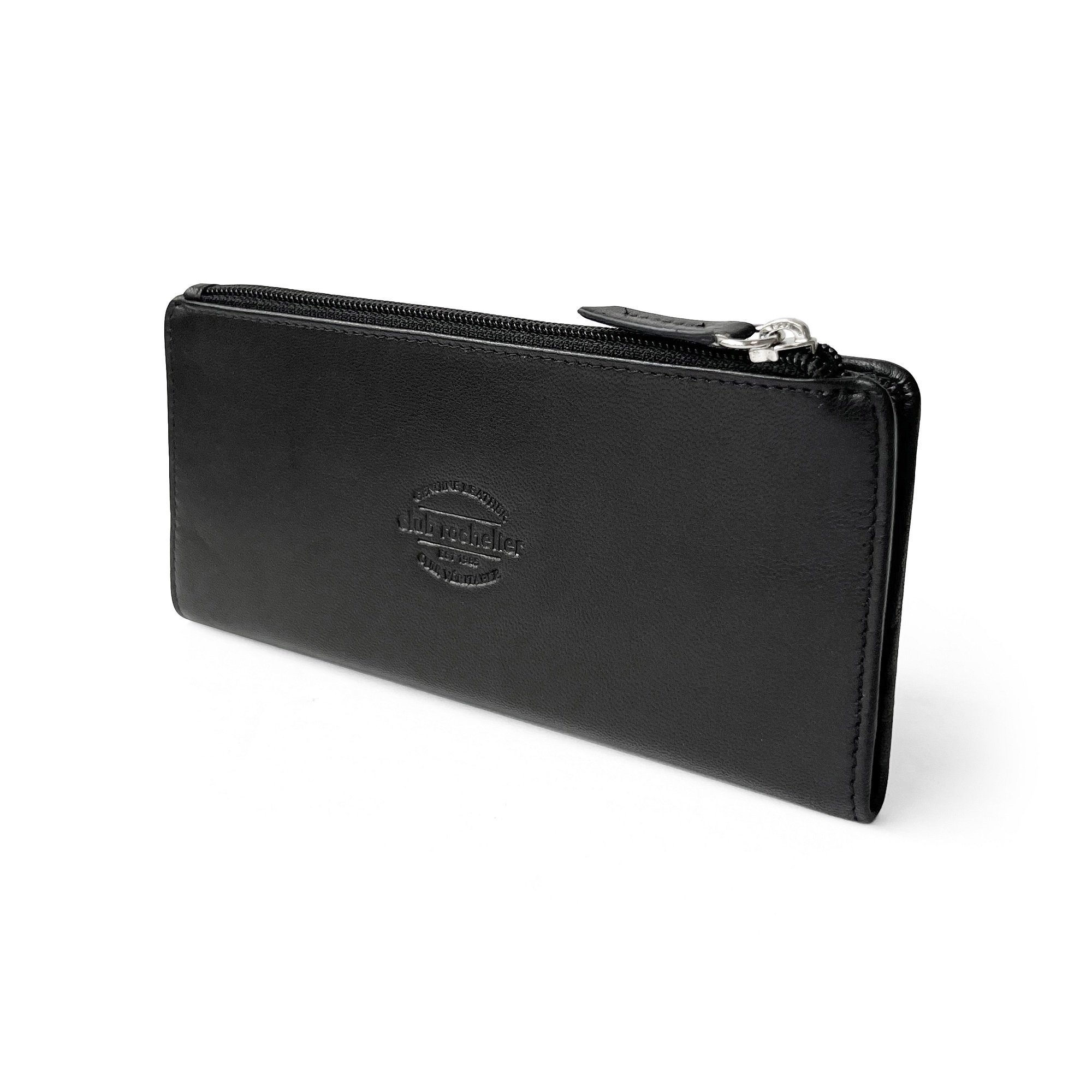 Ladies Slim Clutch Wallet with Top Zipper featuring RFID protection, card slots, and ID windows in a stylish design.