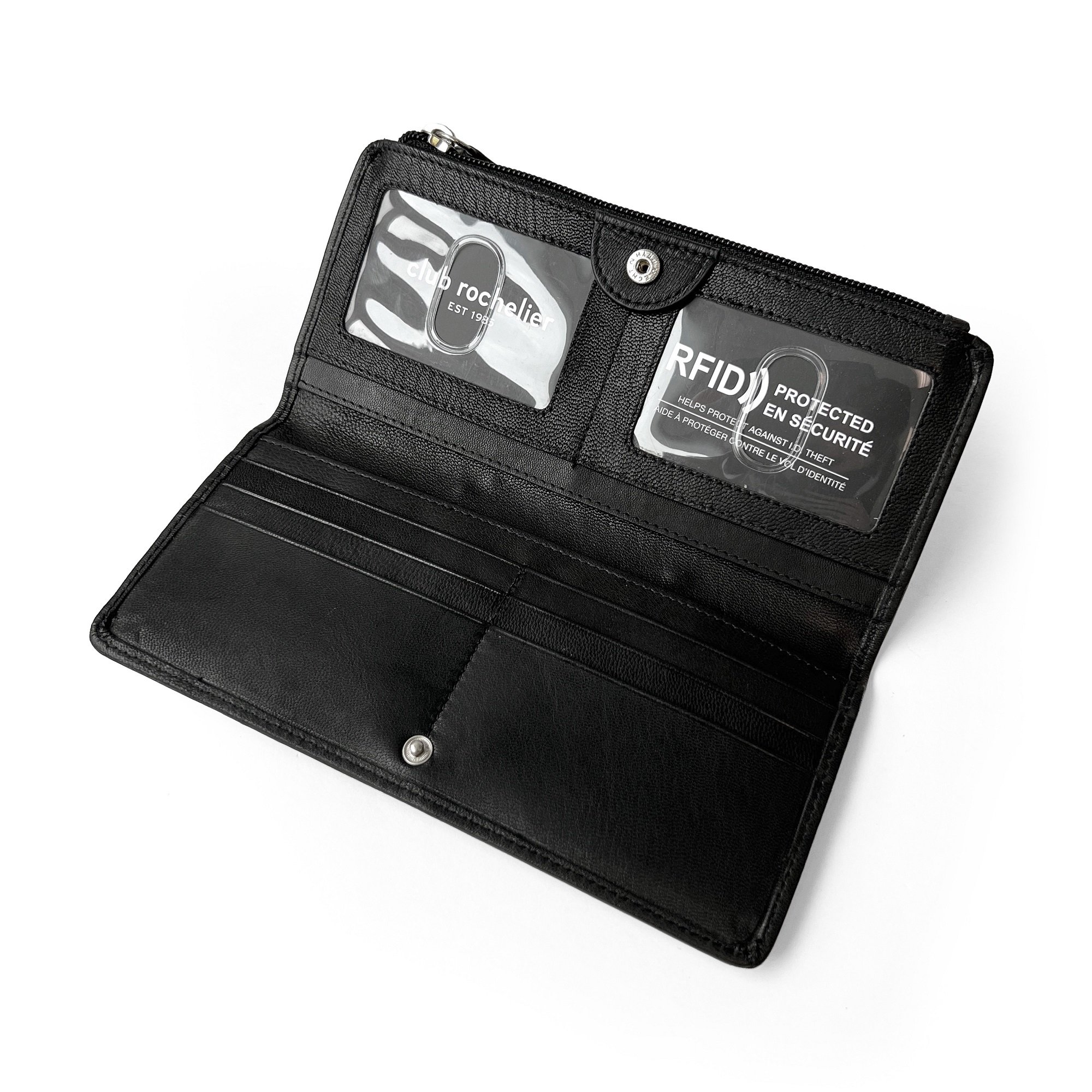 Ladies Slim Clutch Wallet with Top Zipper featuring RFID protection, card slots, and ID windows in a stylish design.