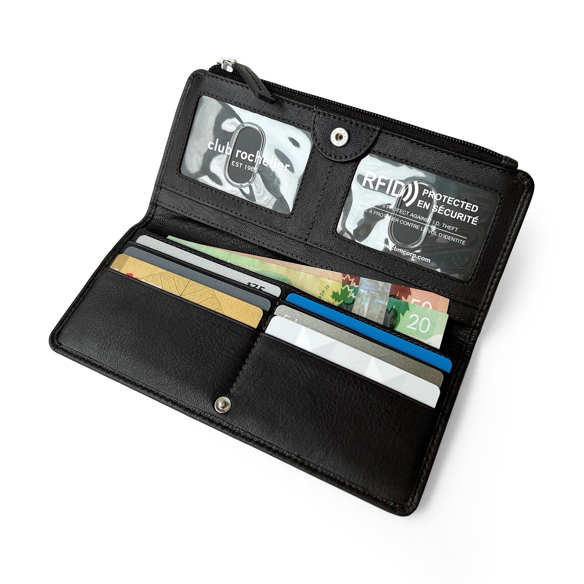 Ladies Slim Clutch Wallet with Top Zipper featuring RFID protection, card slots, and ID windows in a stylish design.