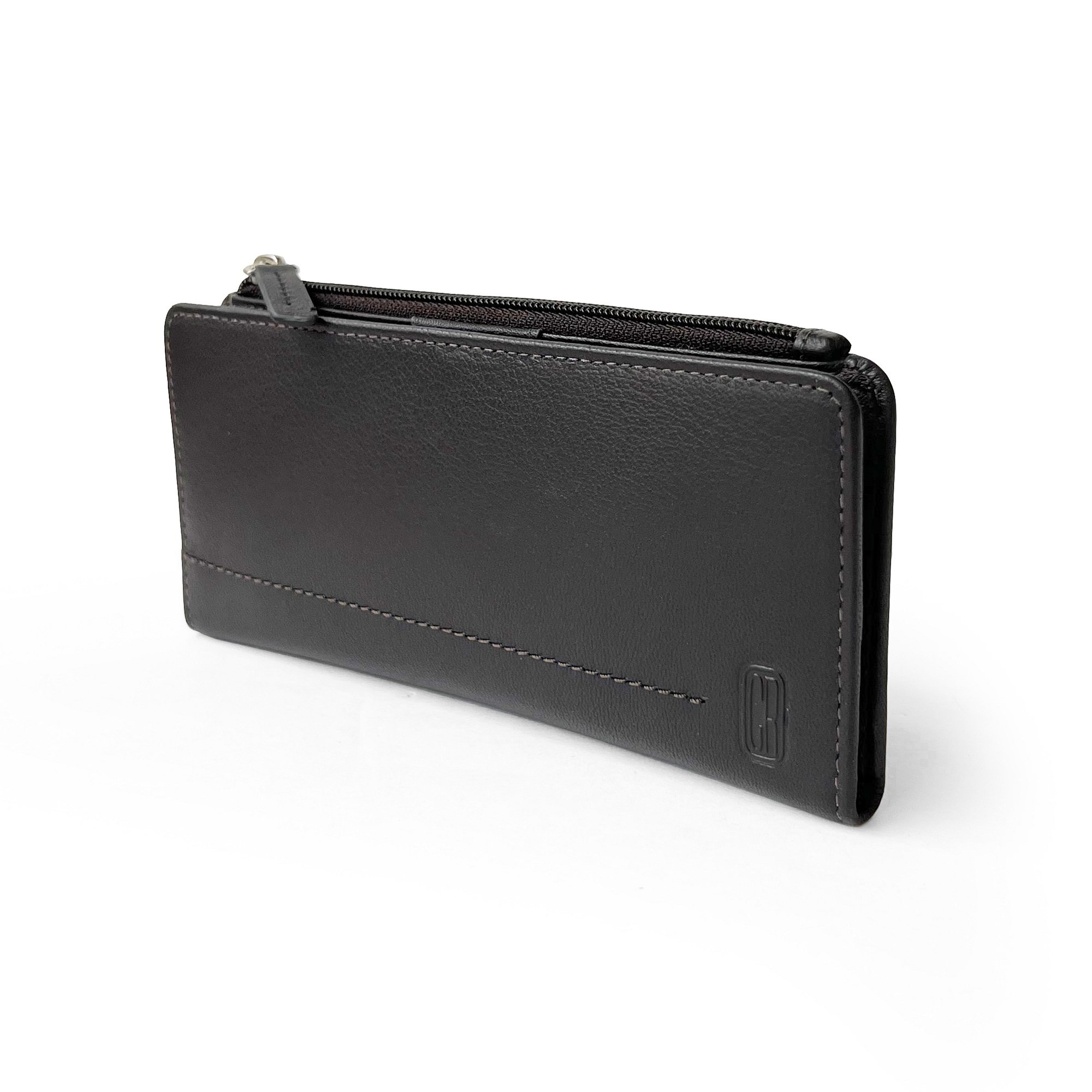 Ladies Slim Clutch Wallet with Top Zipper featuring RFID protection, card slots, and ID windows in a stylish design.