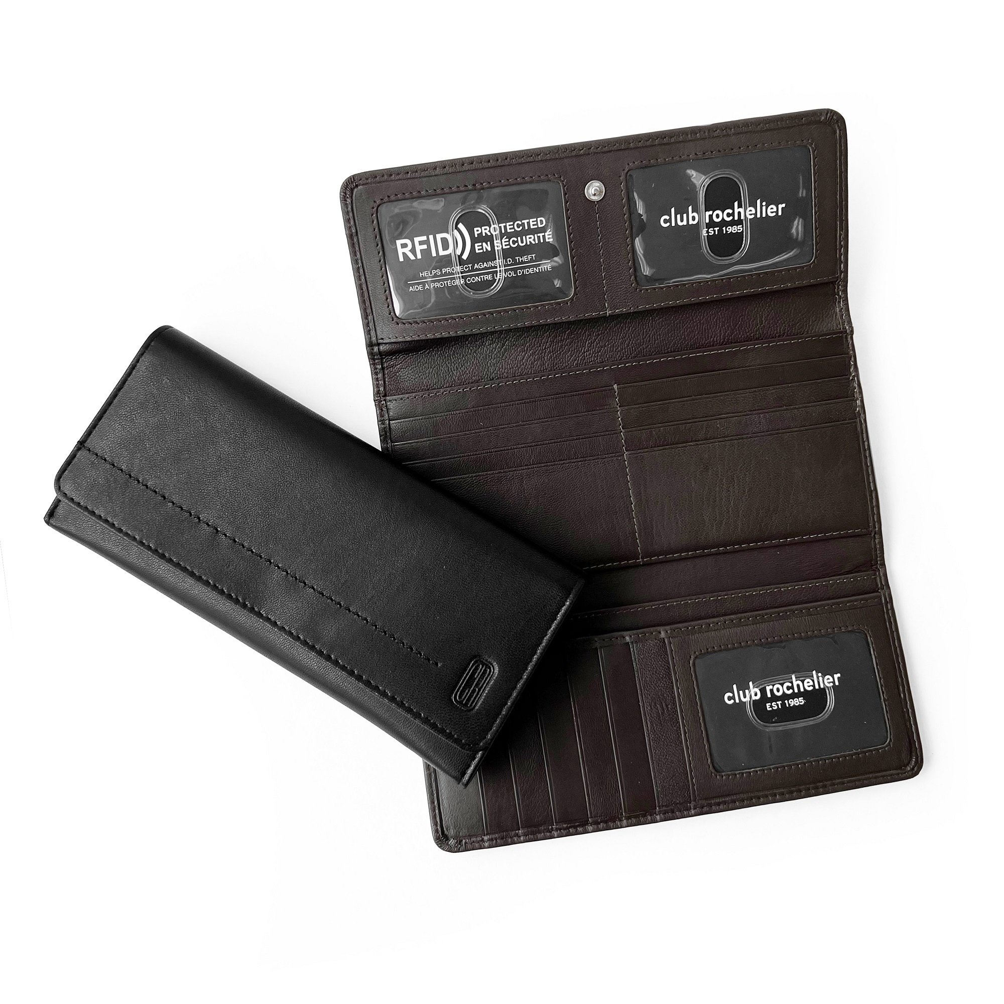 Ladies Slim Fold Wallet by Club Rochelier featuring RFID protection, multiple card slots, and a stylish design.