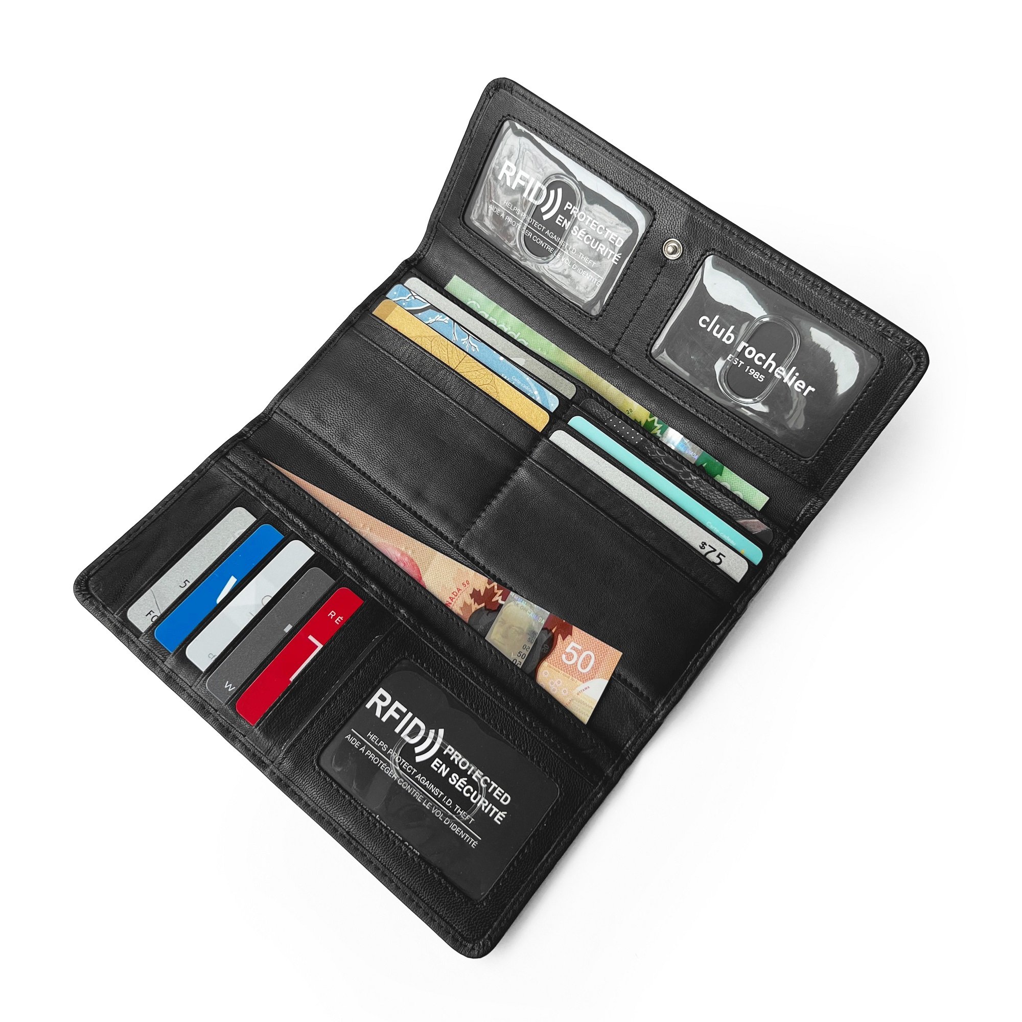 Ladies Slim Fold Wallet by Club Rochelier featuring RFID protection, multiple card slots, and a stylish design.