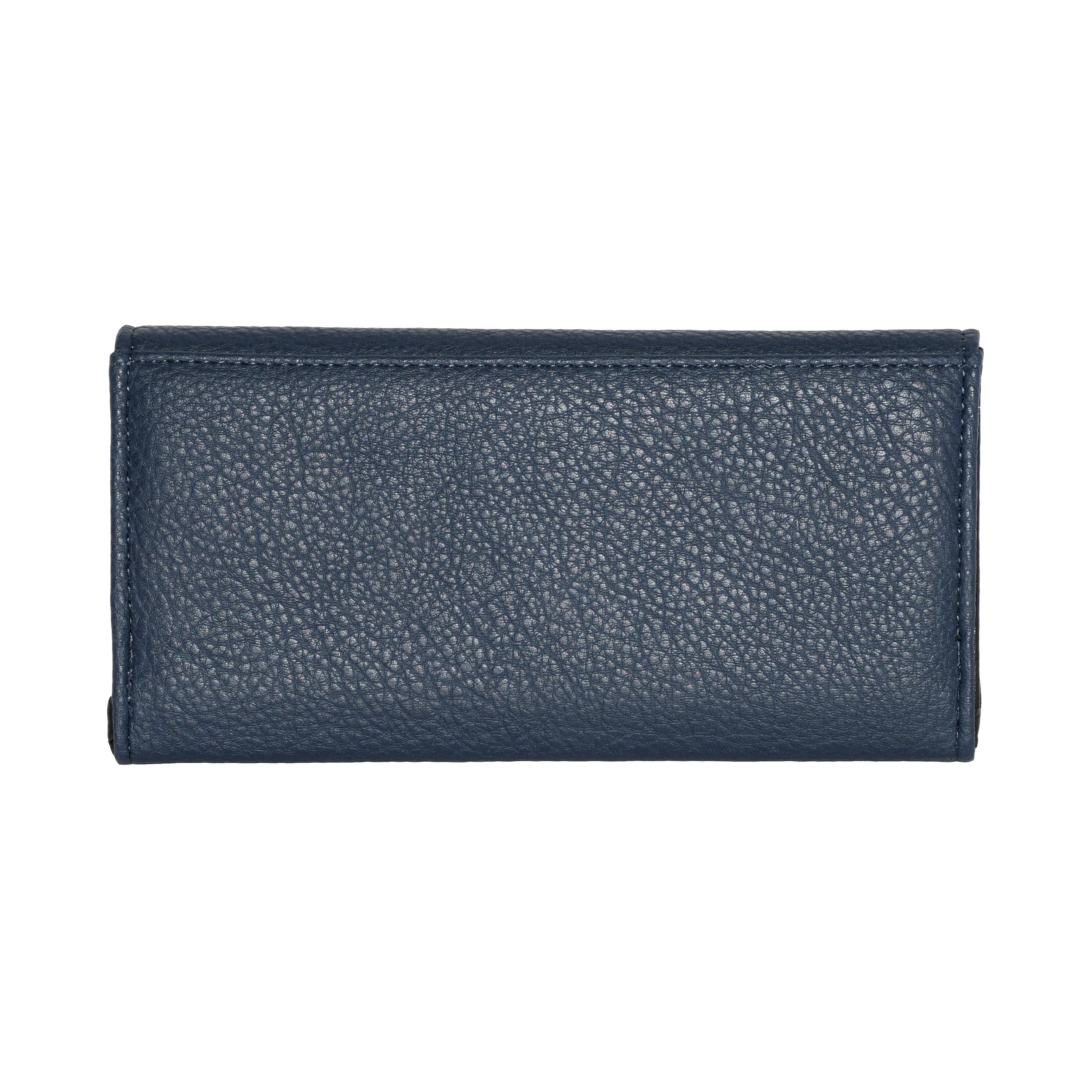 Ladies Slim Trifold Clutch Wallet in stylish design with multiple card slots and a zipper pocket, made from durable Polyurethane material.