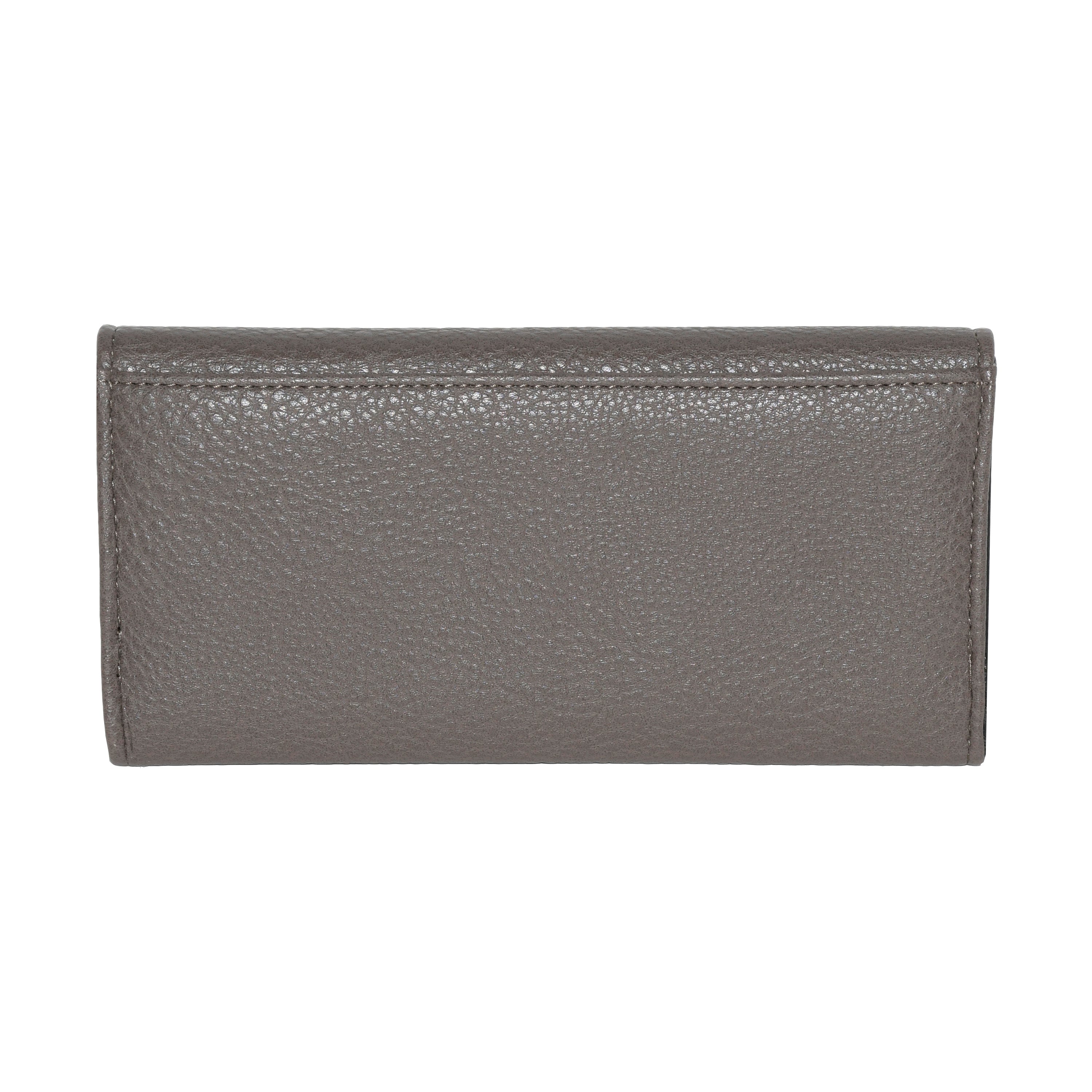 Ladies Slim Trifold Clutch Wallet in stylish design with multiple card slots and a zipper pocket, made from durable Polyurethane material.