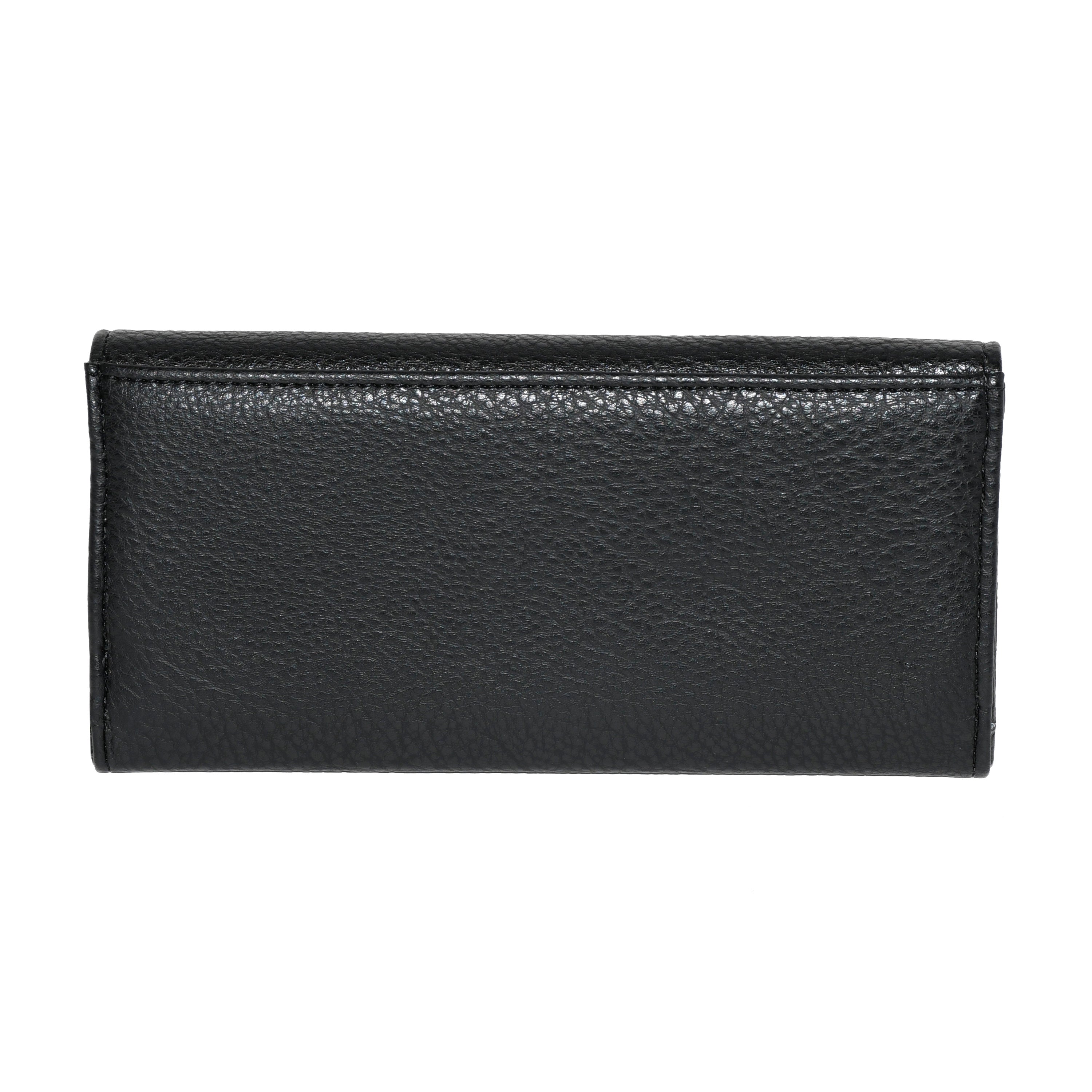 Ladies Slim Trifold Clutch Wallet in stylish design with multiple card slots and a zipper pocket, made from durable Polyurethane material.