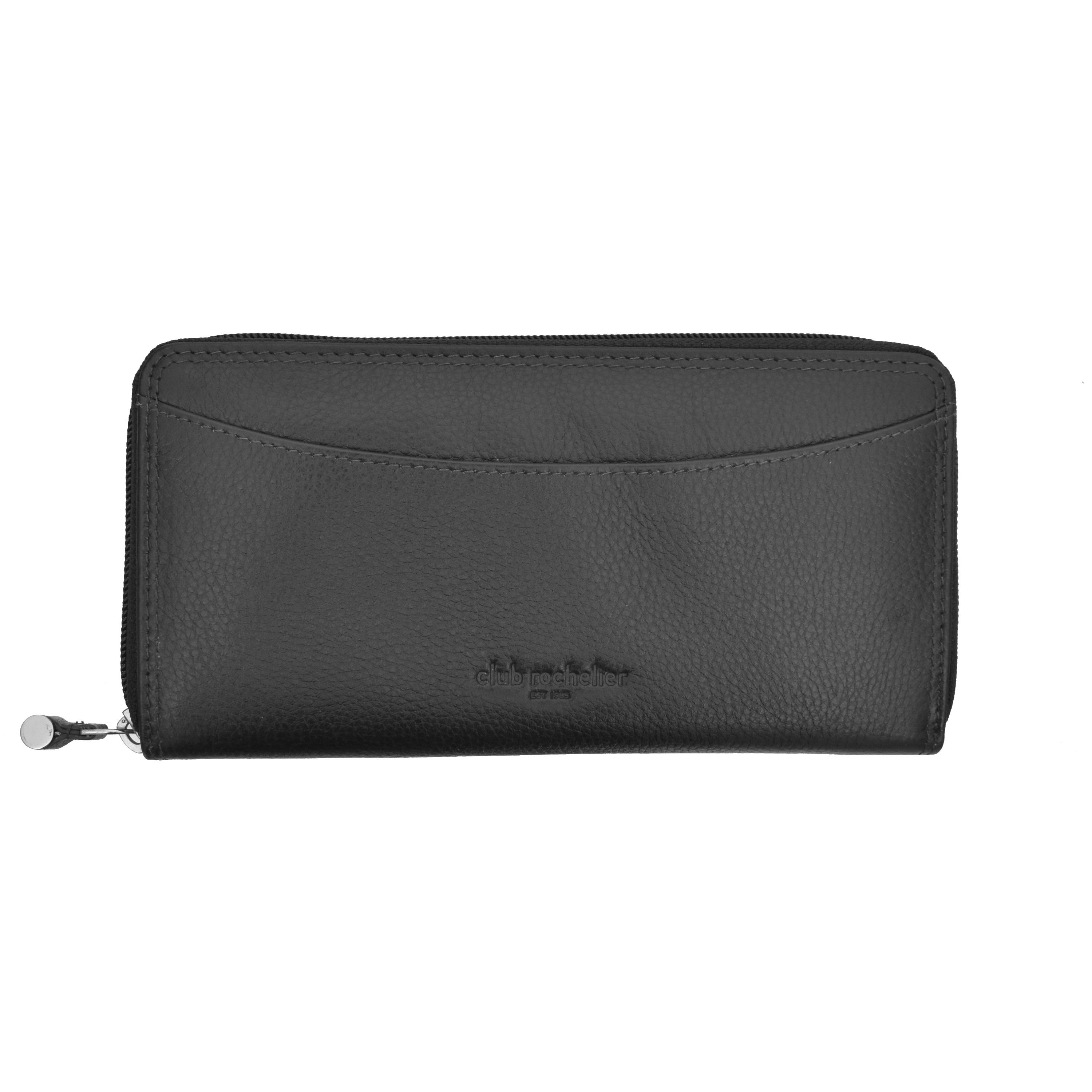 Ladies Zip Around Wallet in genuine leather with multiple pockets and RFID protection, featuring decorative zipper pulls.