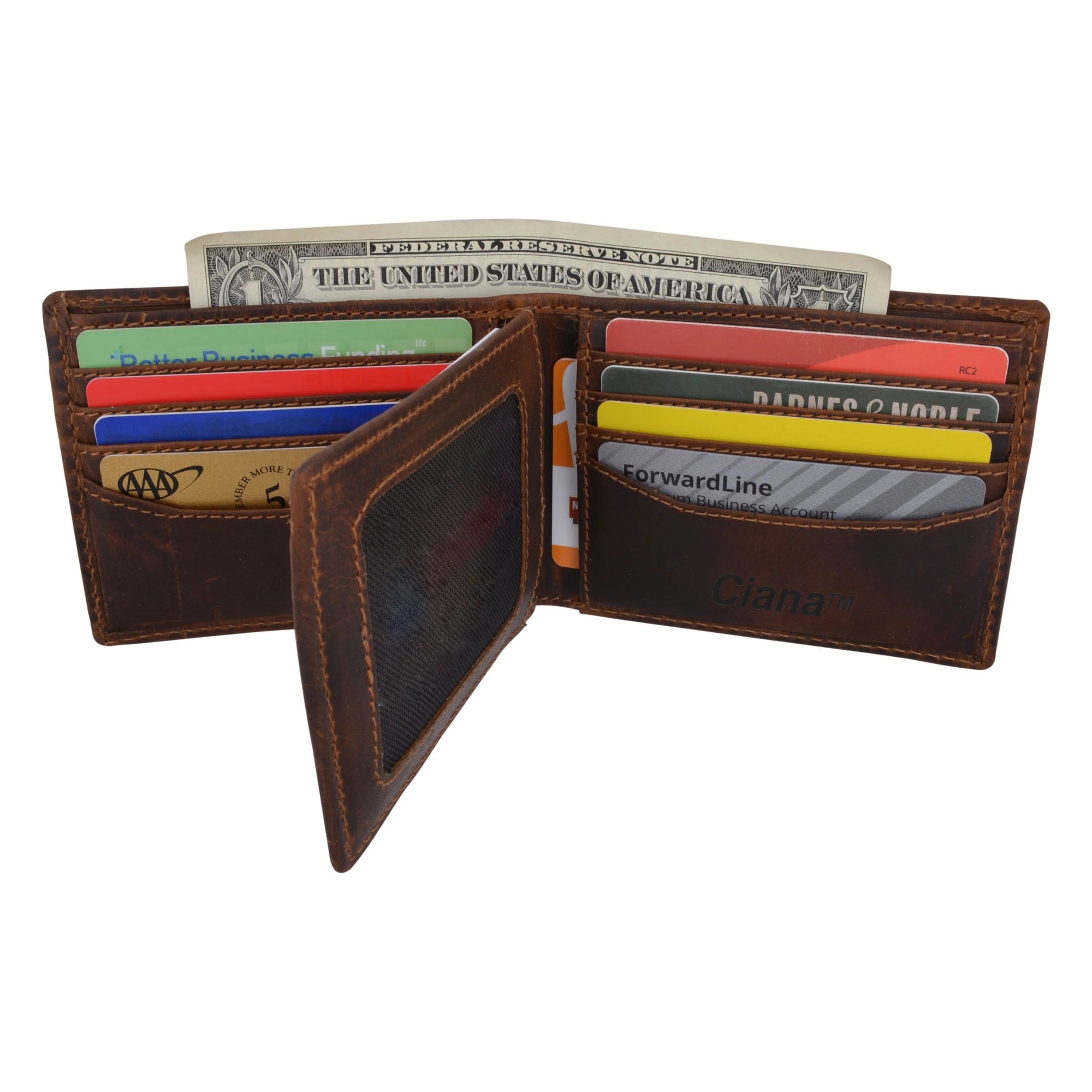 Large Genuine Leather RFID Blocking Bifold Wallet showcasing its sleek design and multiple compartments.