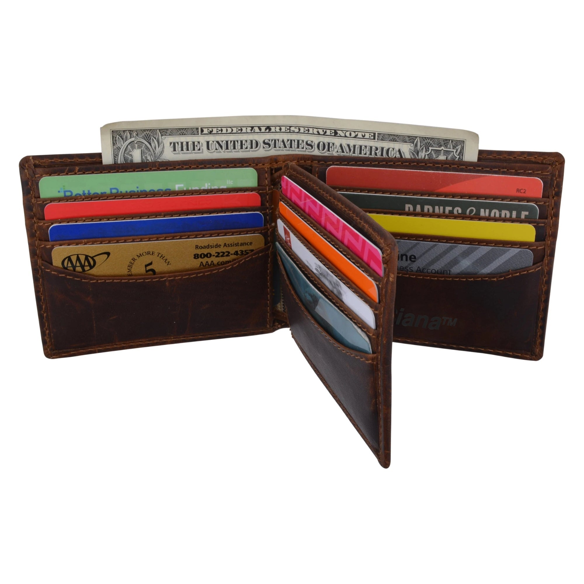 Large Genuine Leather RFID Blocking Bifold Wallet showcasing its sleek design and multiple compartments.