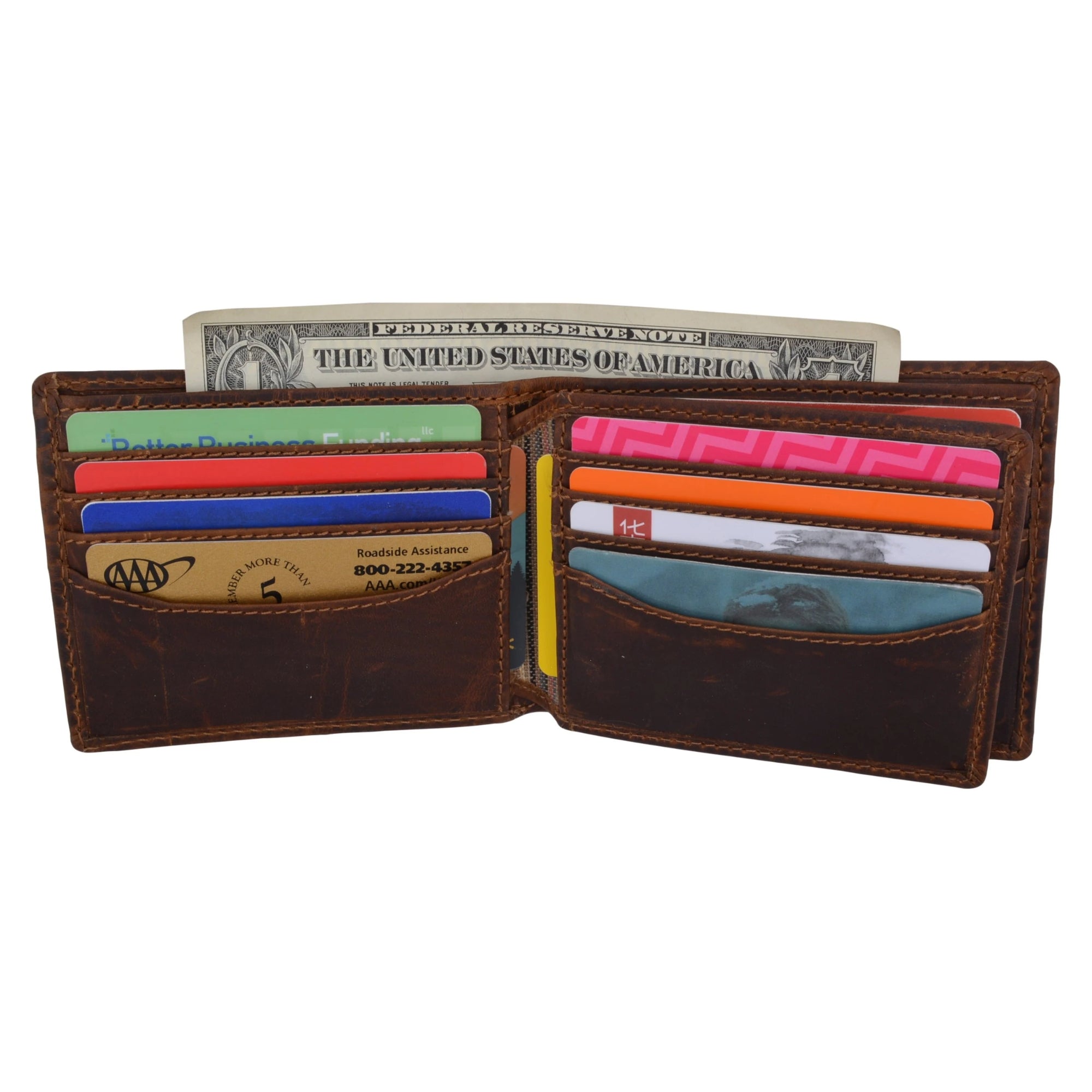 Large Genuine Leather RFID Blocking Bifold Wallet showcasing its sleek design and multiple compartments.