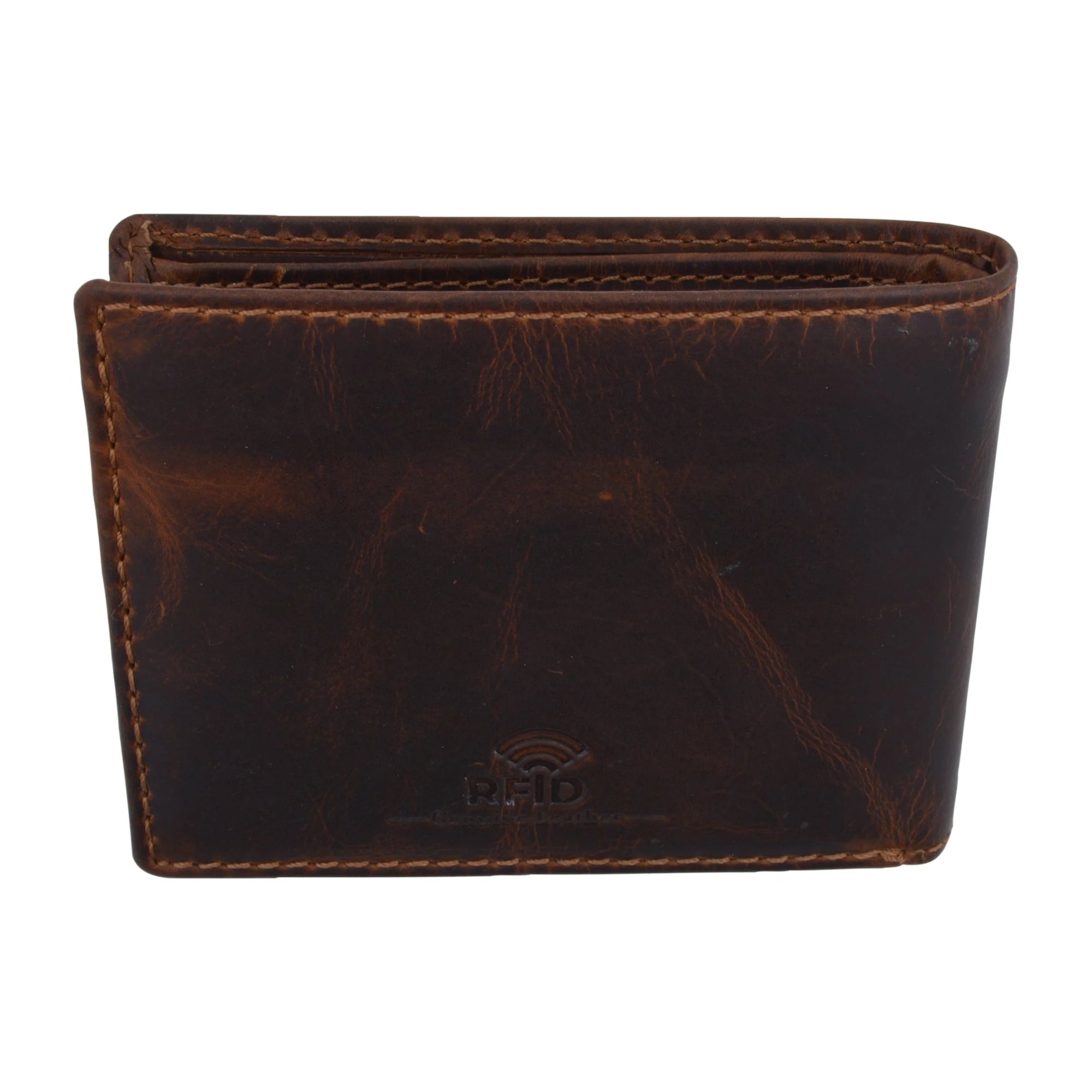 Large Genuine Leather RFID Blocking Bifold Wallet showcasing its sleek design and multiple compartments.