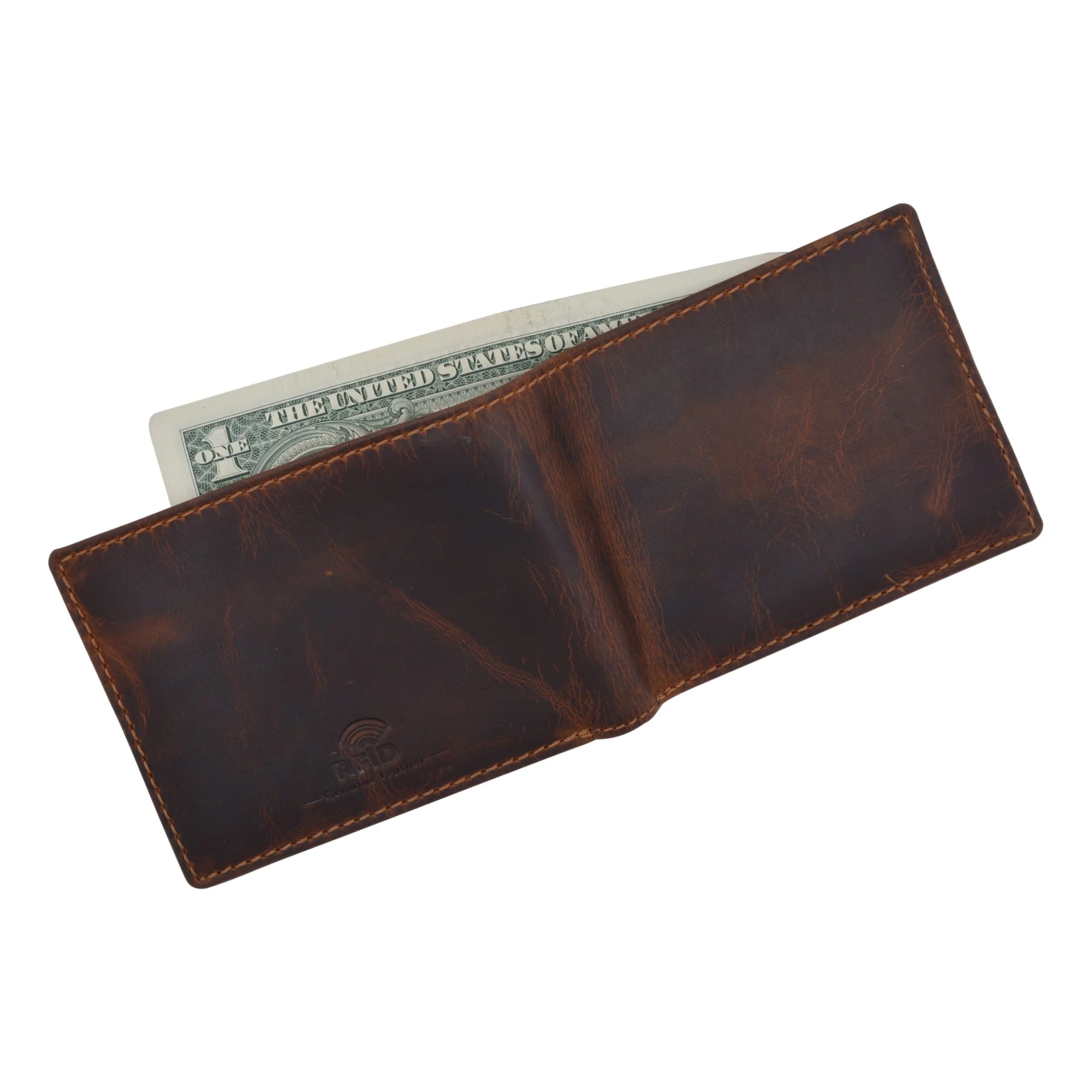 Large Genuine Leather RFID Blocking Bifold Wallet showcasing its sleek design and multiple compartments.