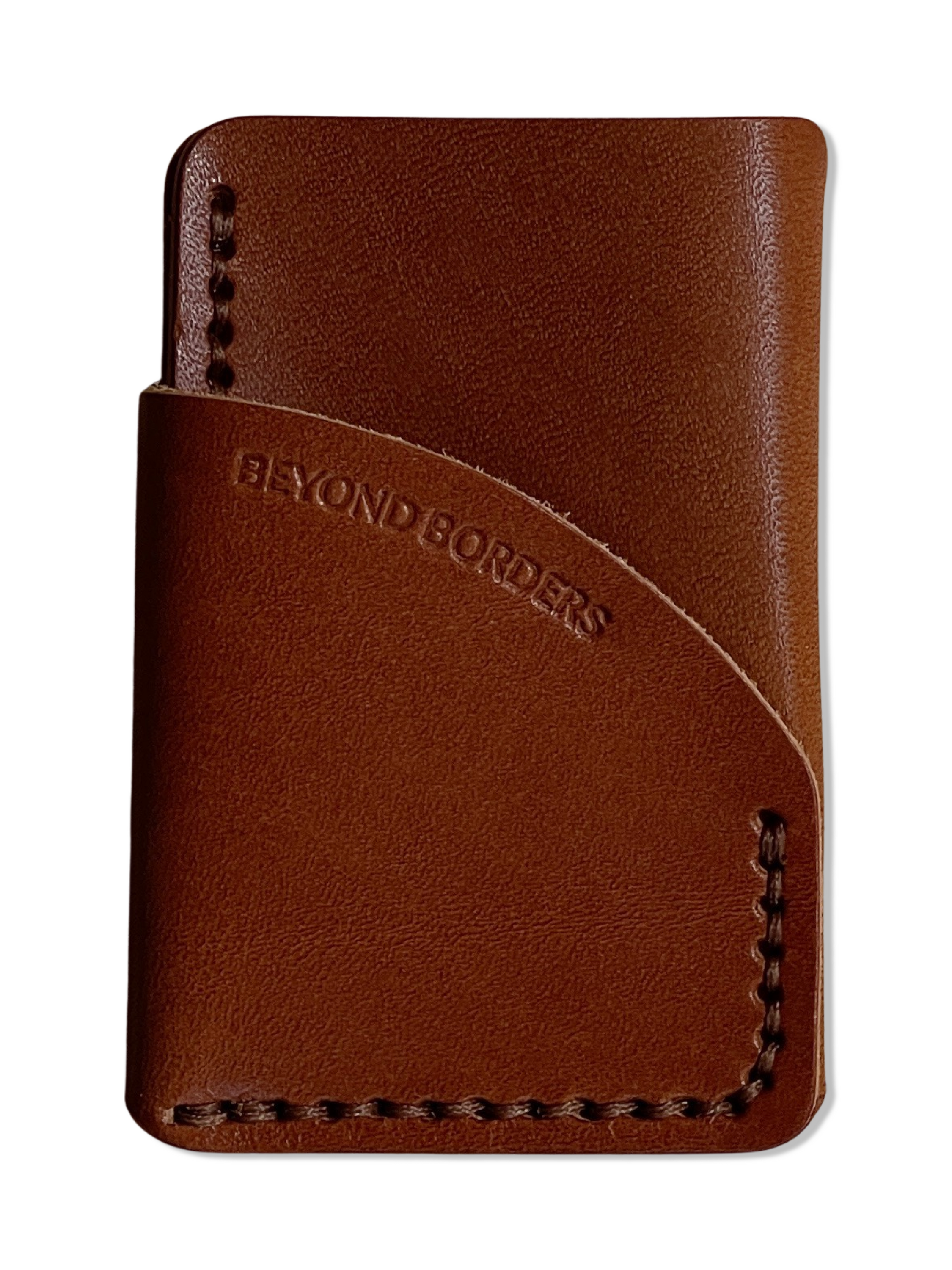 A handcrafted full-grain leather wrap wallet with three pockets, showcasing its elegant design and natural texture.