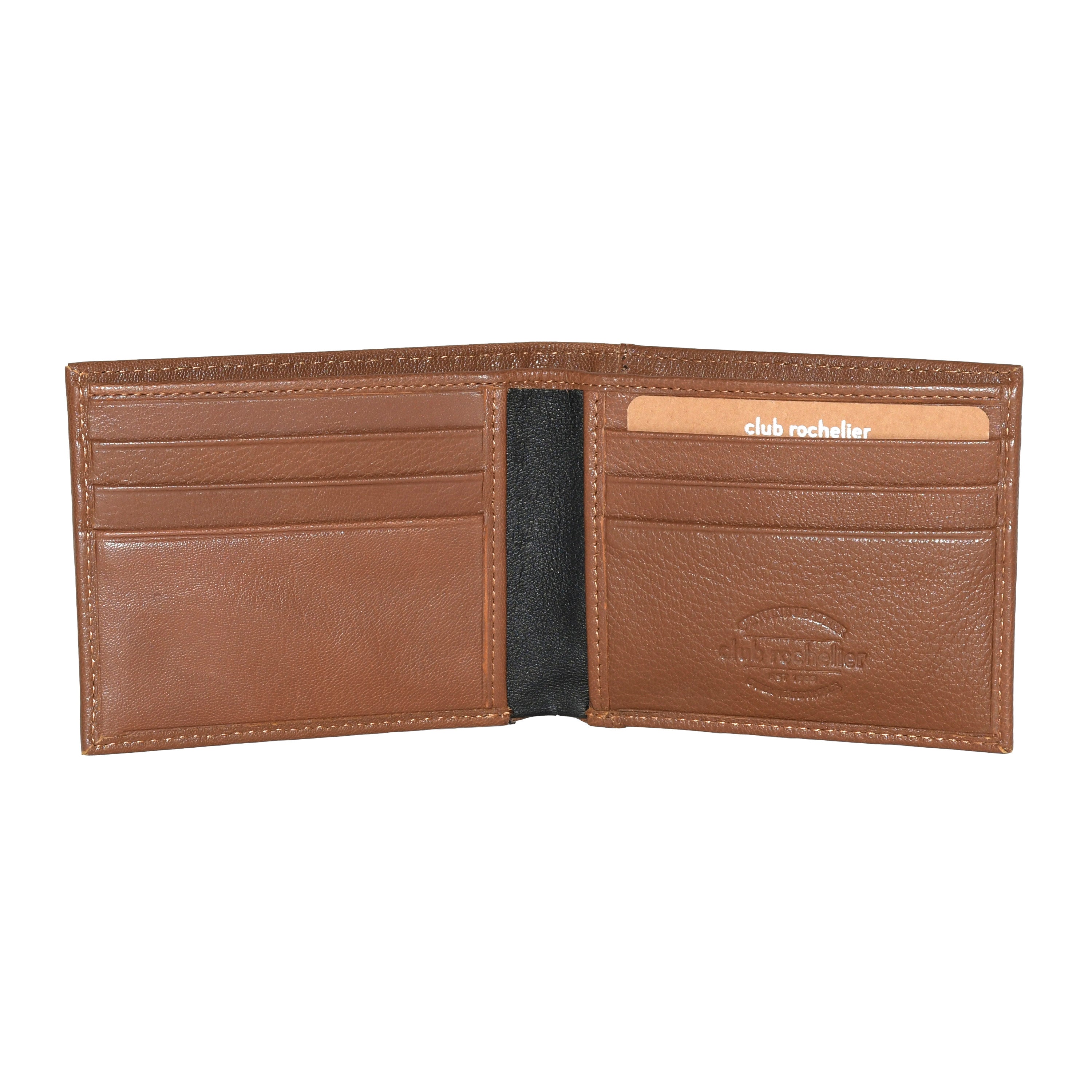 Men's Billfold wallet made of genuine leather with removable card holder, showcasing its sleek design and organizational features.