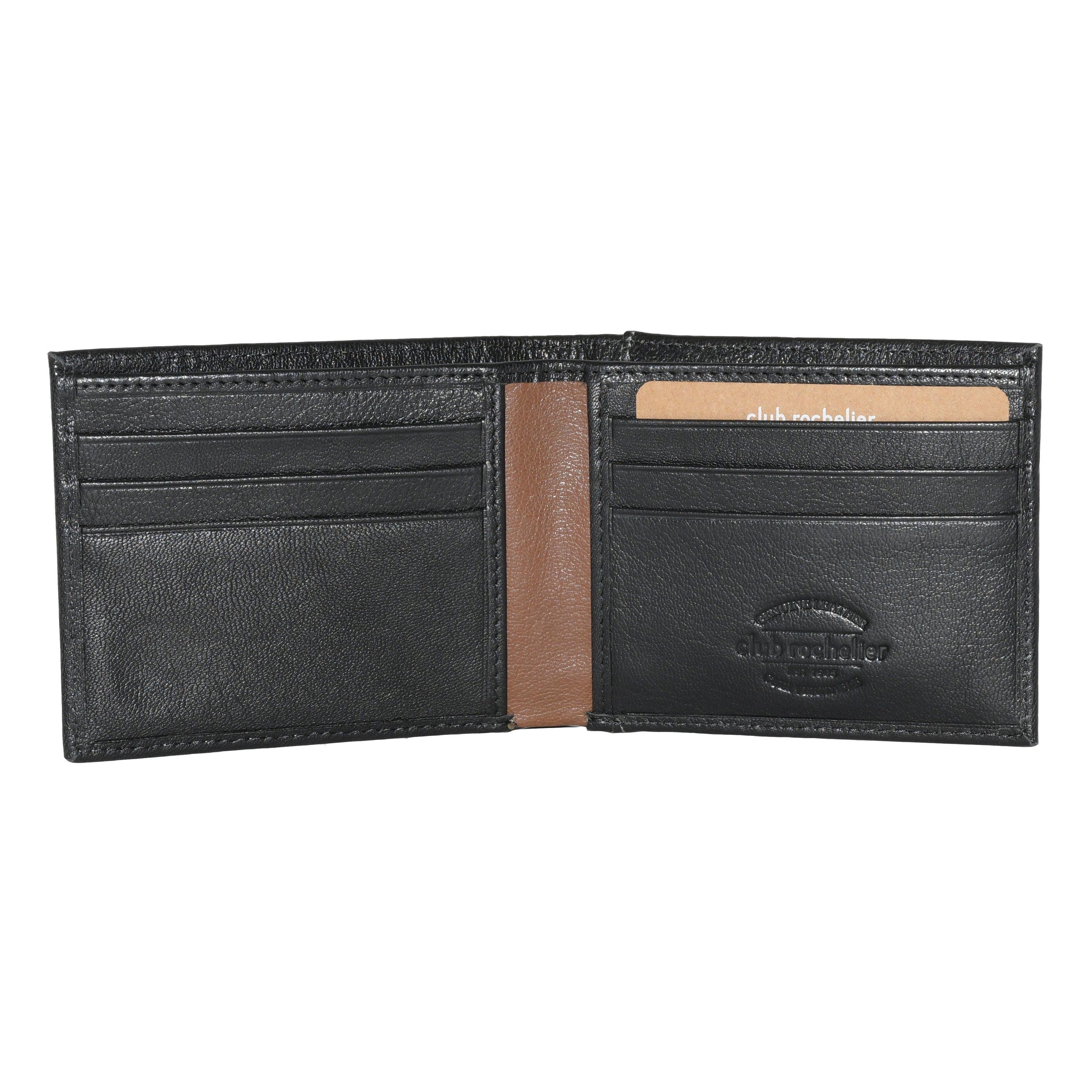 Men's Billfold wallet made of genuine leather with removable card holder, showcasing its sleek design and organizational features.