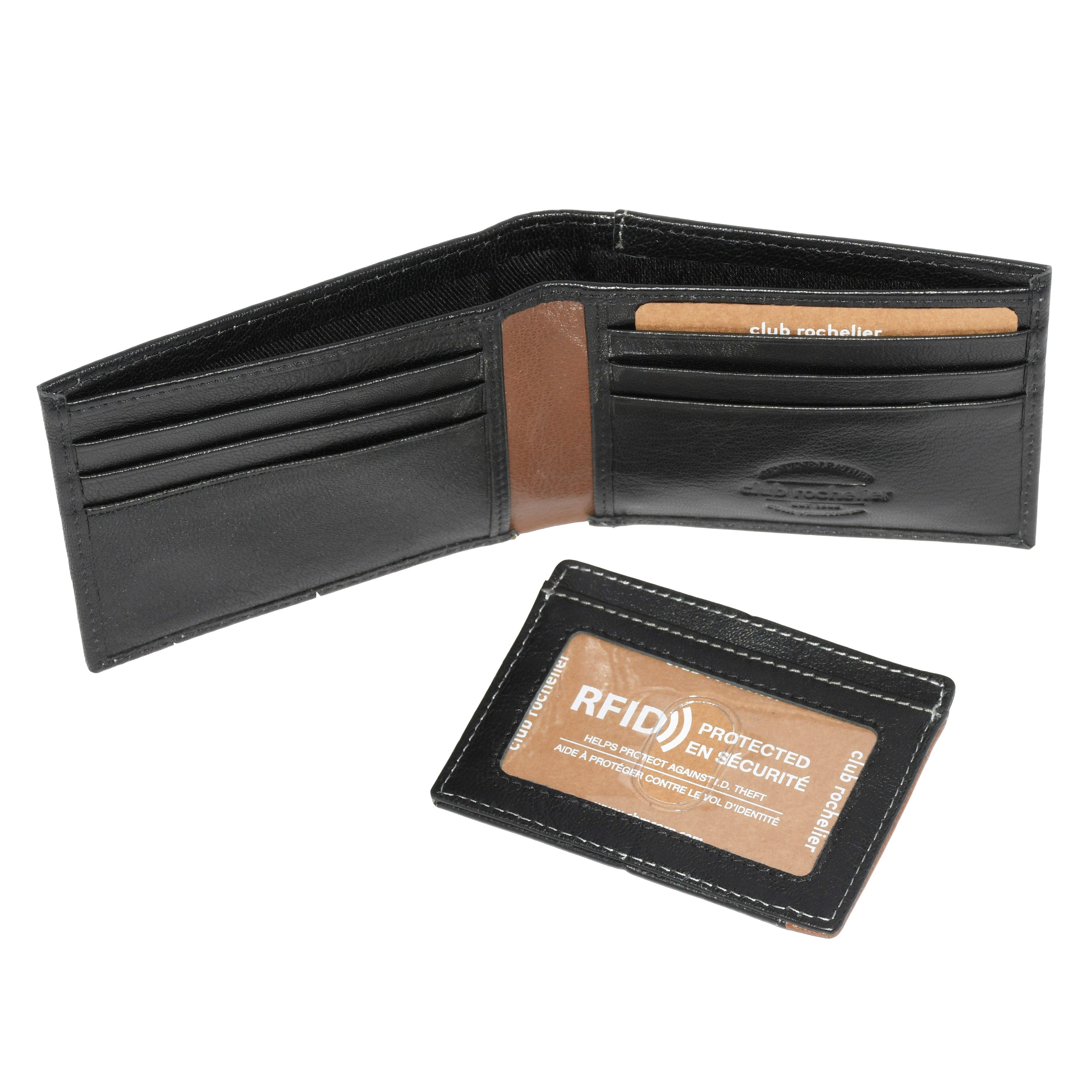 Men's Billfold wallet made of genuine leather with removable card holder, showcasing its sleek design and organizational features.