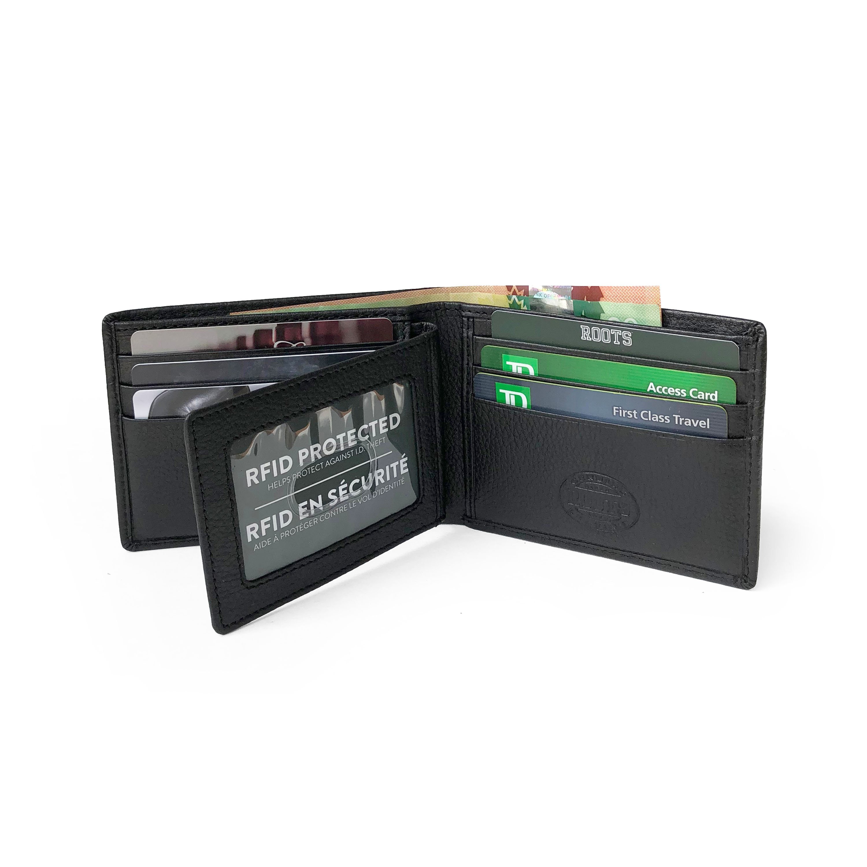 Men's Leather Slimfold RFID Wallet featuring a removable passcase, showcasing multiple card slots and a billfold divider.