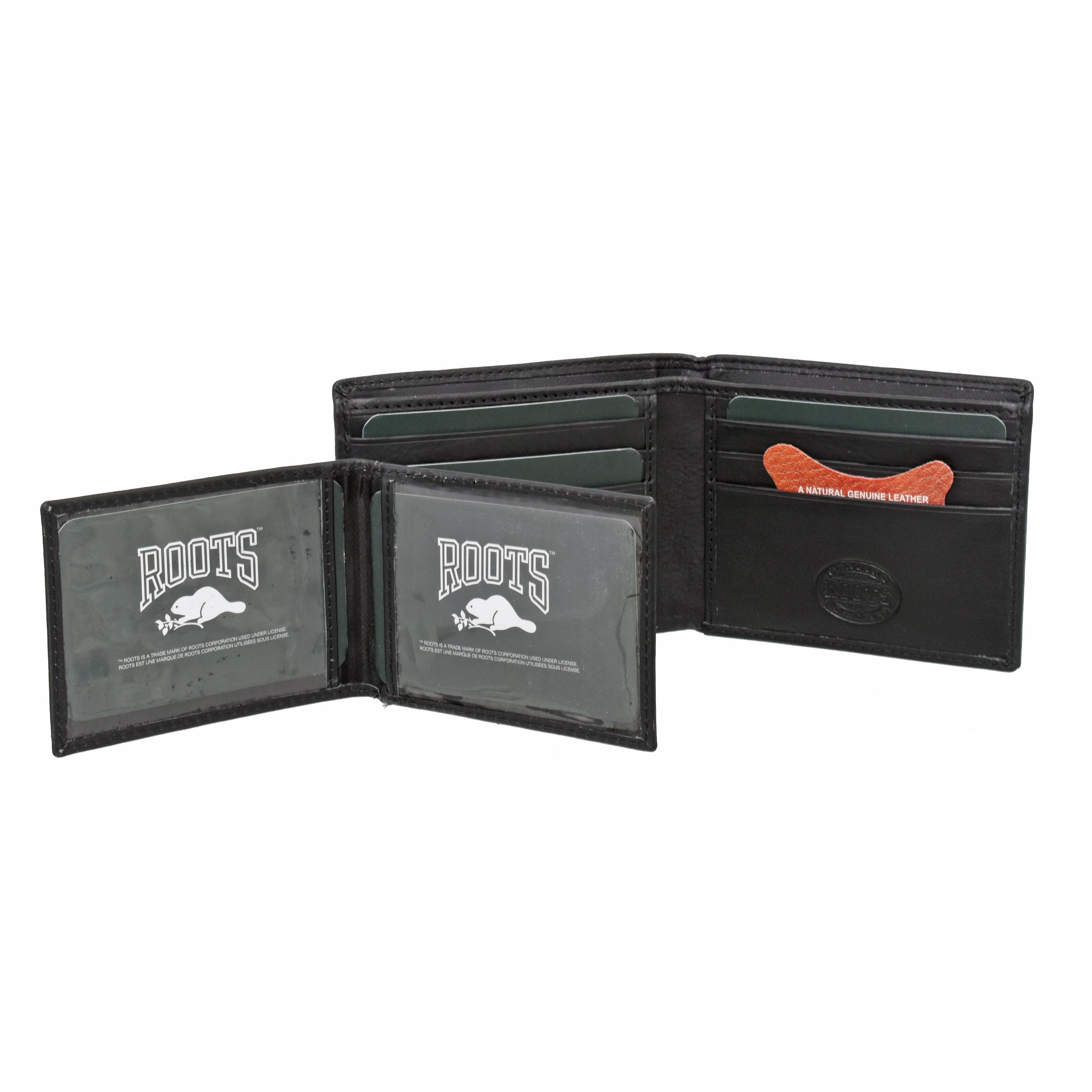 Men's Leather Slimfold RFID Wallet featuring a removable passcase, showcasing multiple card slots and a billfold divider.