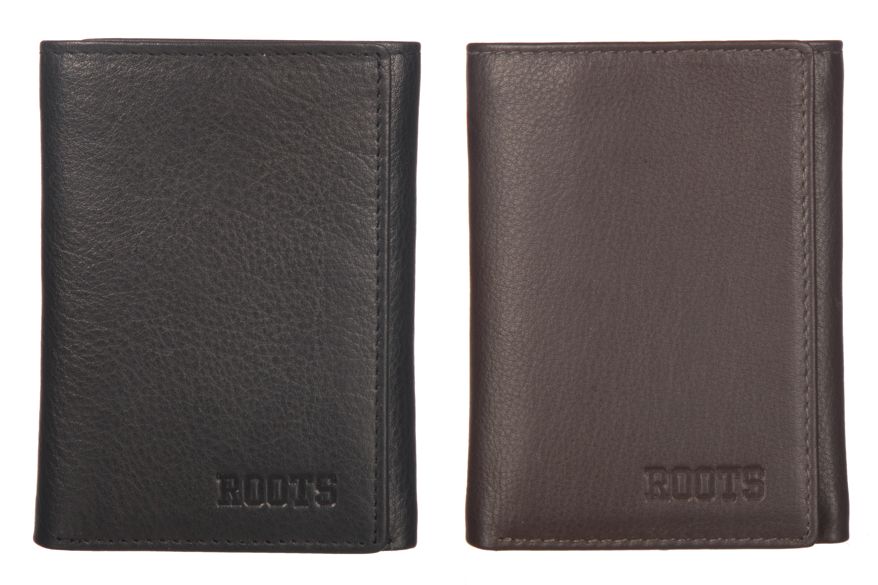 Men's Leather Trifold Wallet in genuine pebble leather with RFID protection, featuring 8 credit card slots and a ROOTS emboss design.