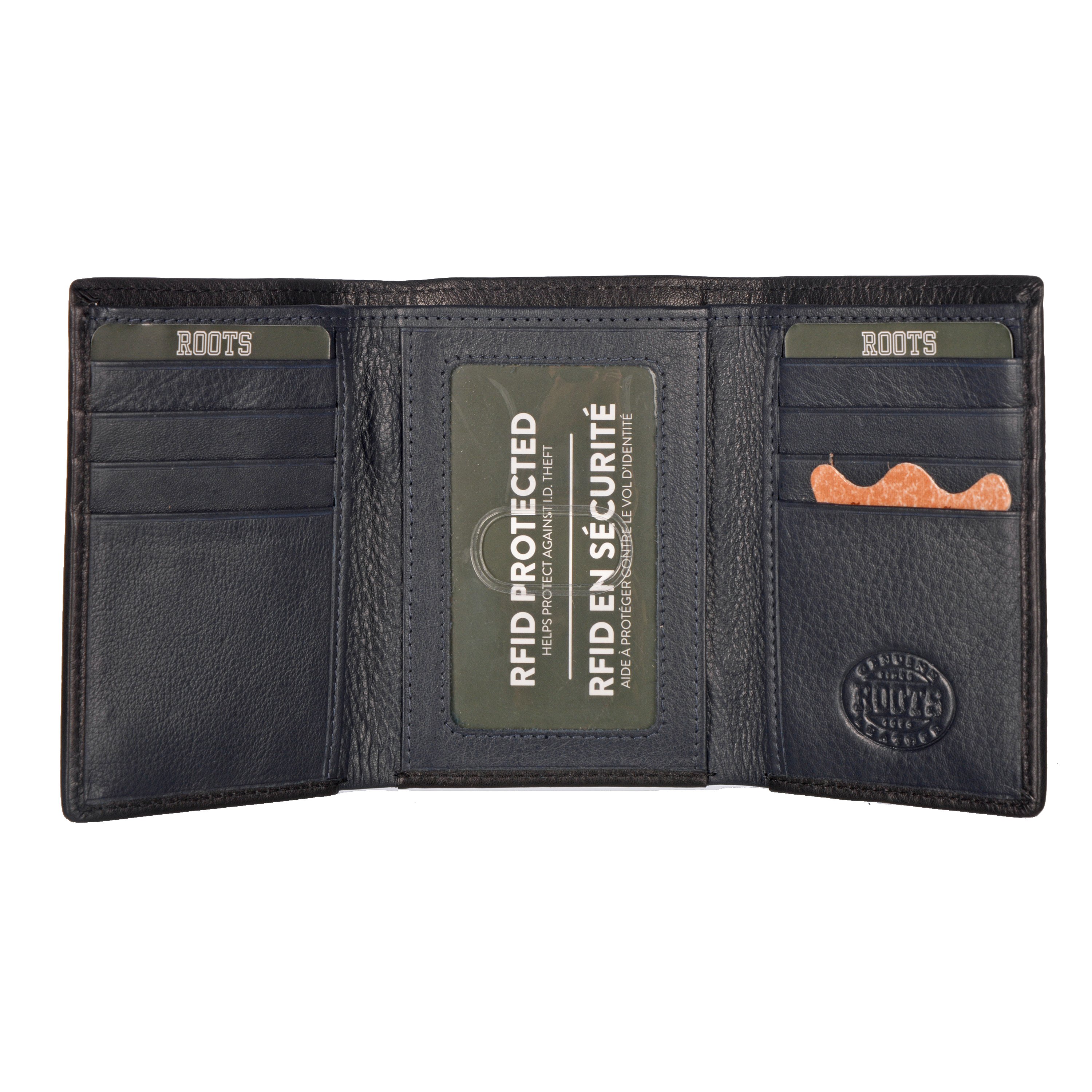 Men's Leather Trifold Wallet in genuine pebble leather with RFID protection, featuring 8 credit card slots and a ROOTS emboss design.