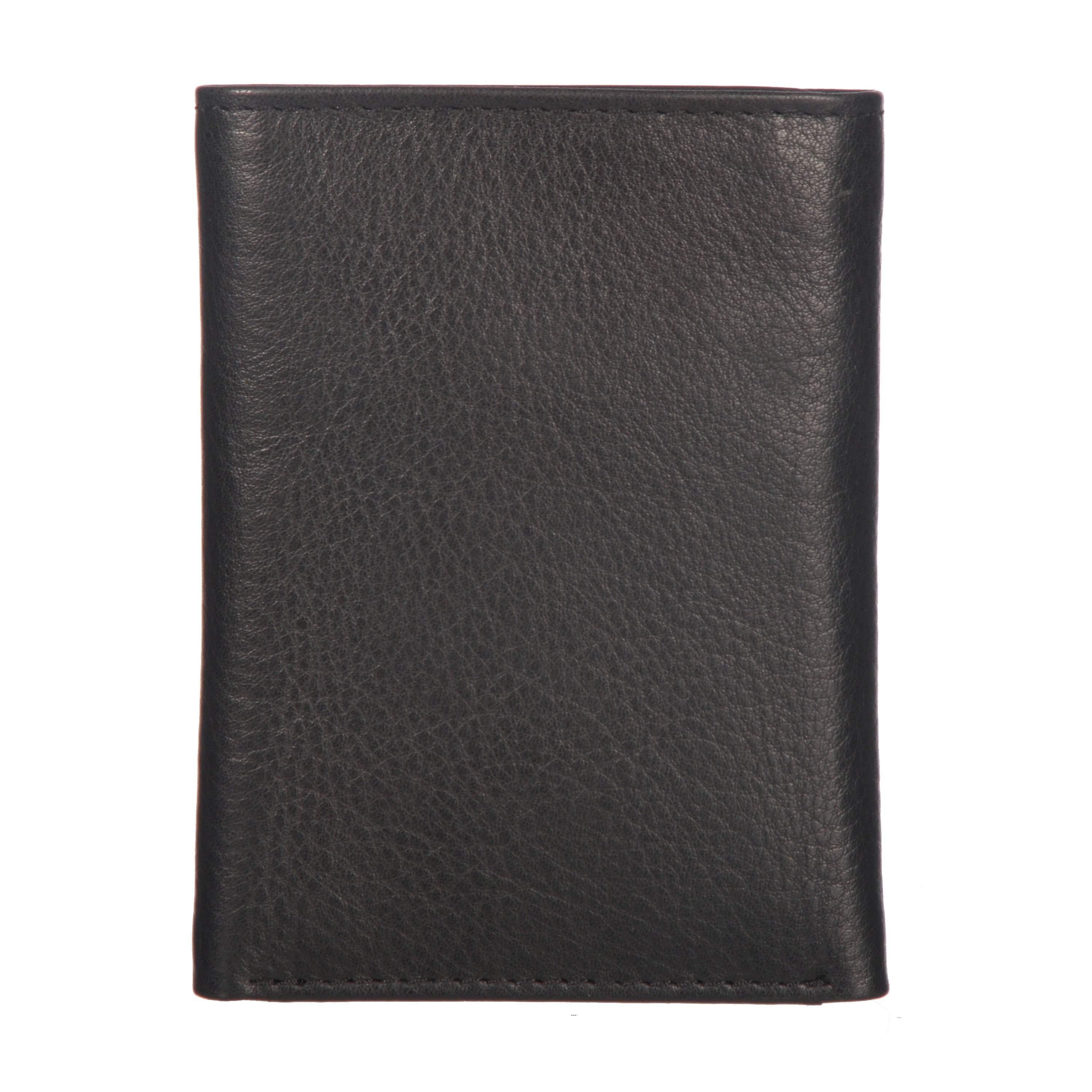 Men's Leather Trifold Wallet in genuine pebble leather with RFID protection, featuring 8 credit card slots and a ROOTS emboss design.