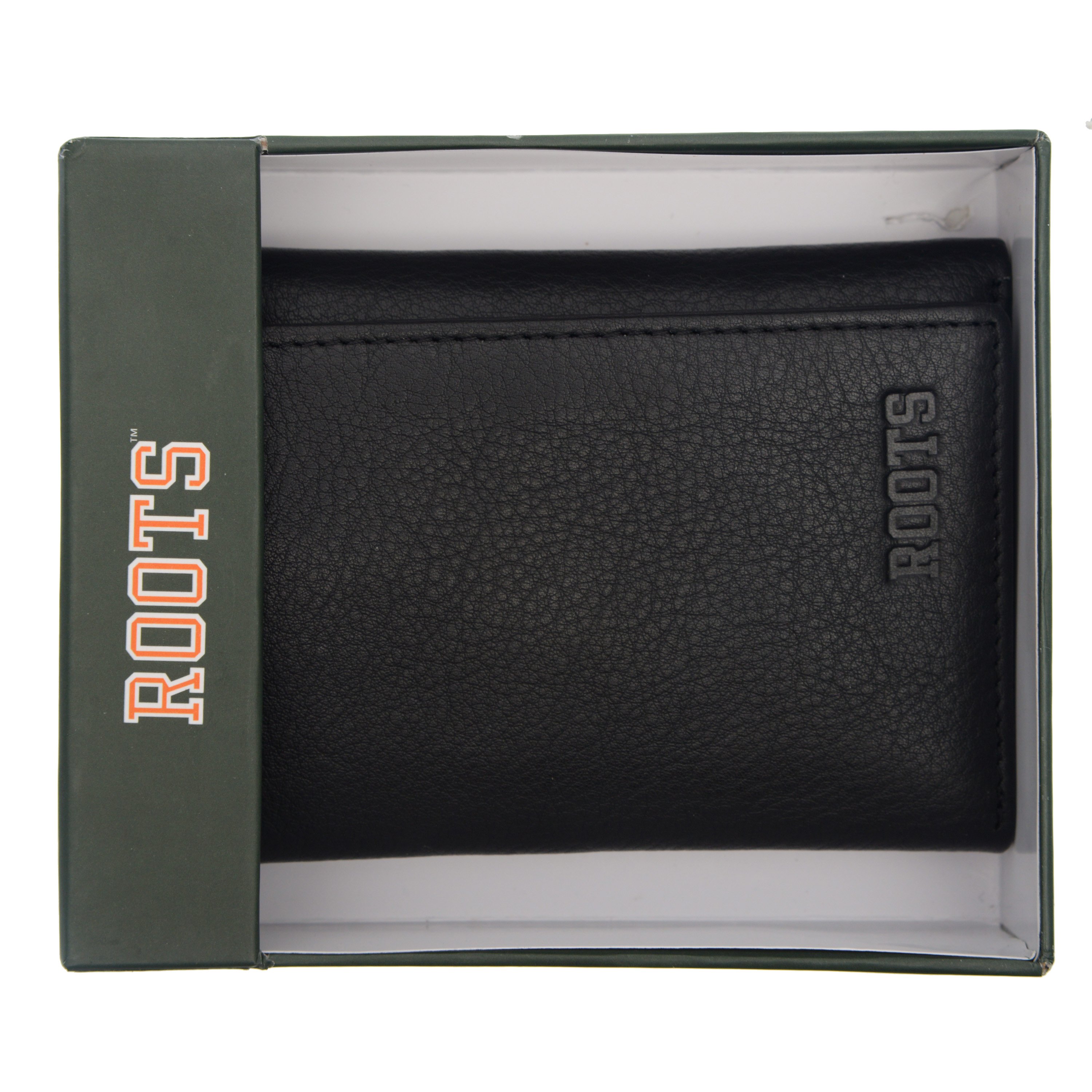 Men's Leather Trifold Wallet in genuine pebble leather with RFID protection, featuring 8 credit card slots and a ROOTS emboss design.