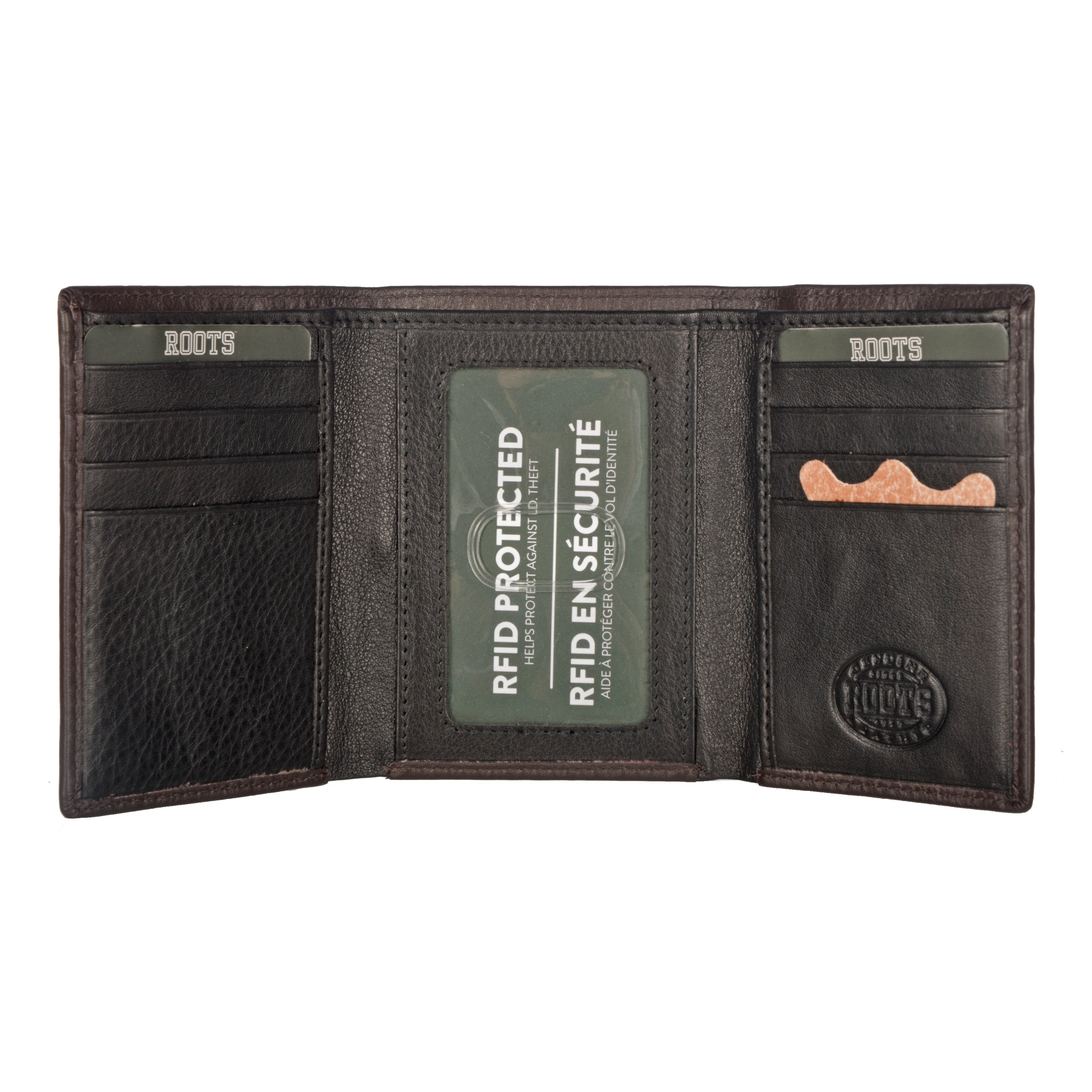 Men's Leather Trifold Wallet in genuine pebble leather with RFID protection, featuring 8 credit card slots and a ROOTS emboss design.