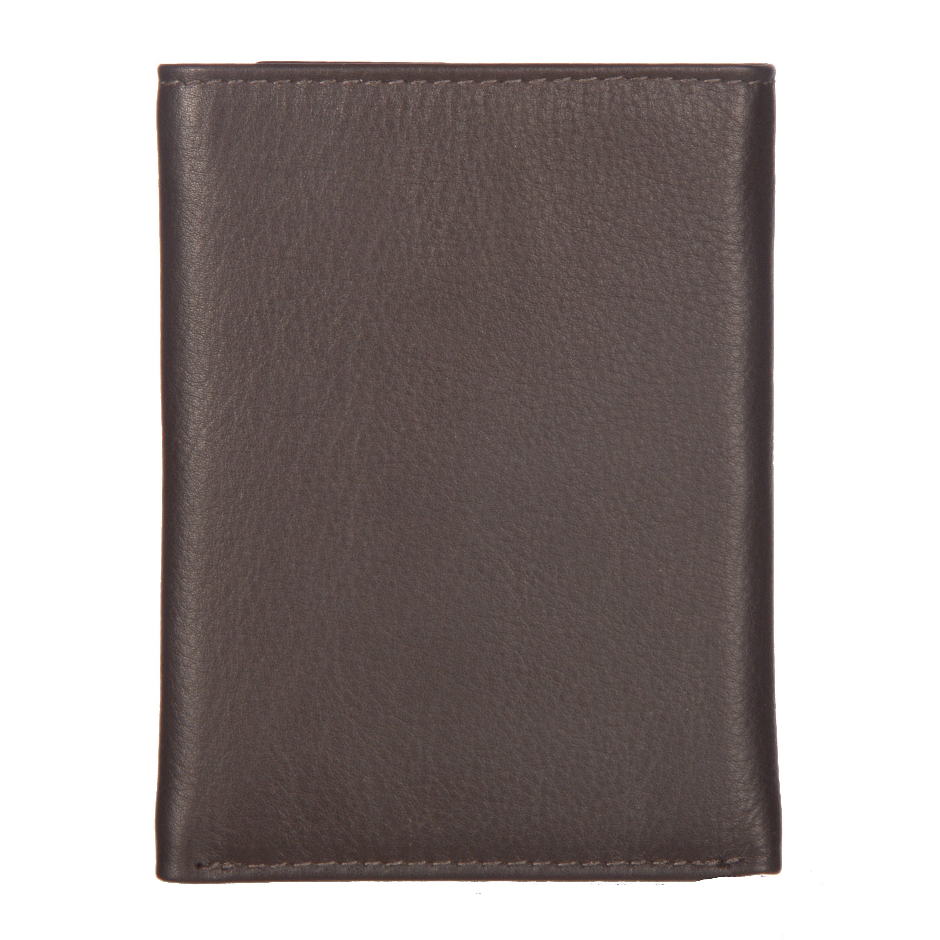 Men's Leather Trifold Wallet in genuine pebble leather with RFID protection, featuring 8 credit card slots and a ROOTS emboss design.