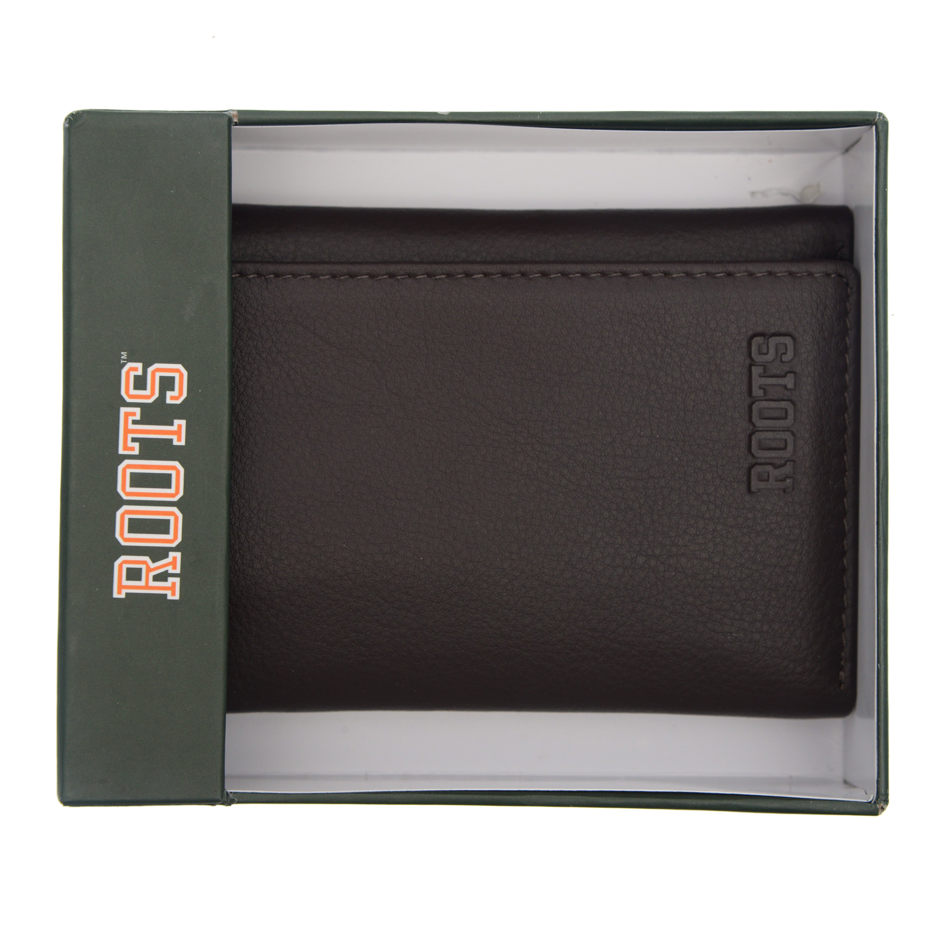 Men's Leather Trifold Wallet in genuine pebble leather with RFID protection, featuring 8 credit card slots and a ROOTS emboss design.