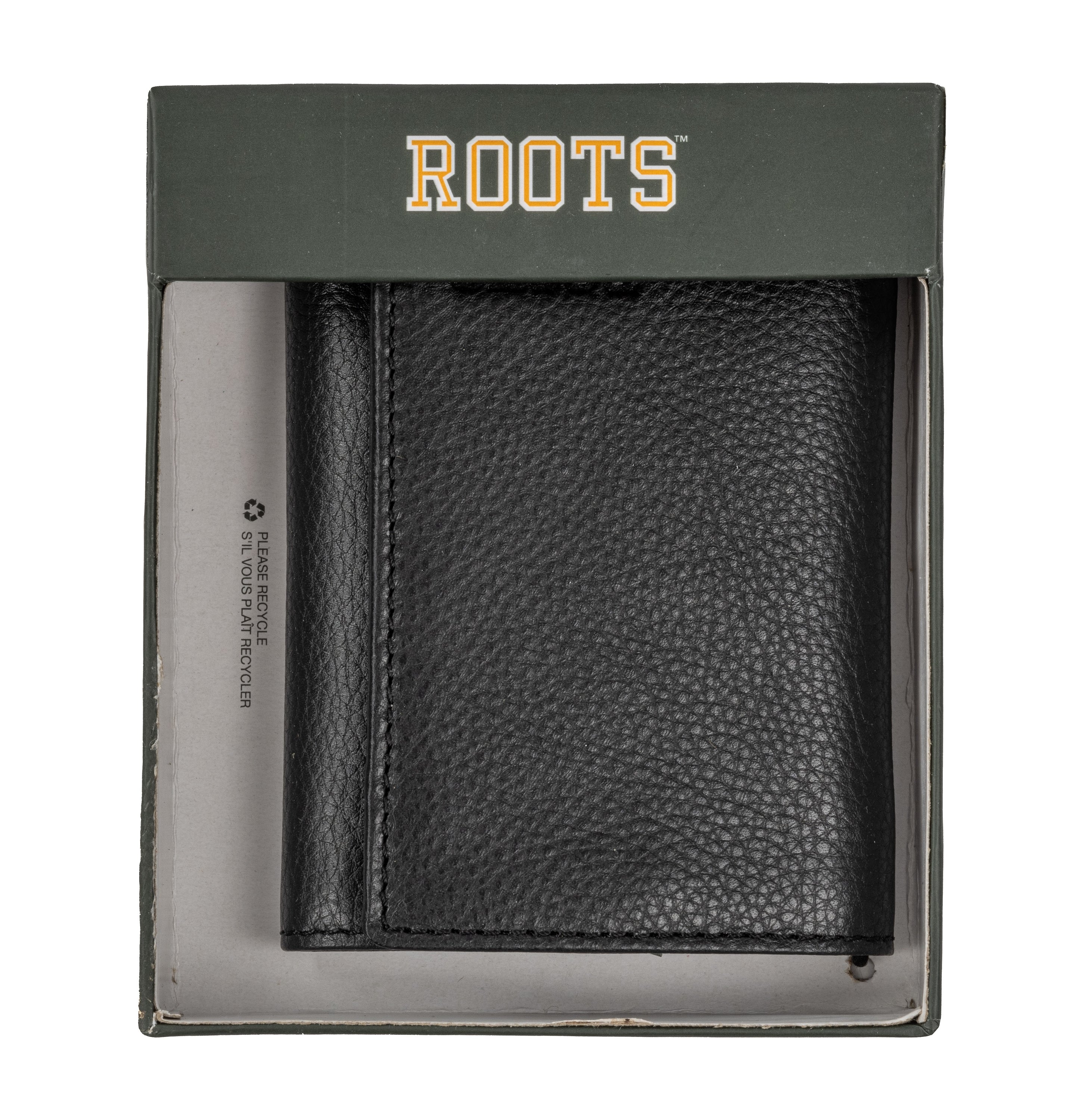 Men's Leather Trifold Wallet in genuine pebble leather with RFID protection, featuring 8 credit card slots and a ROOTS emboss design.