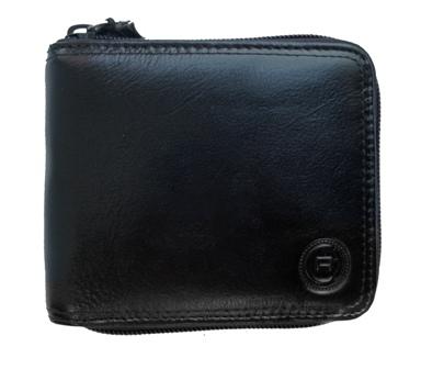 Men's Leather Zip Around Billfold Wallet featuring a zip closure, multiple card slots, and a coin pocket, crafted from high-quality leather.