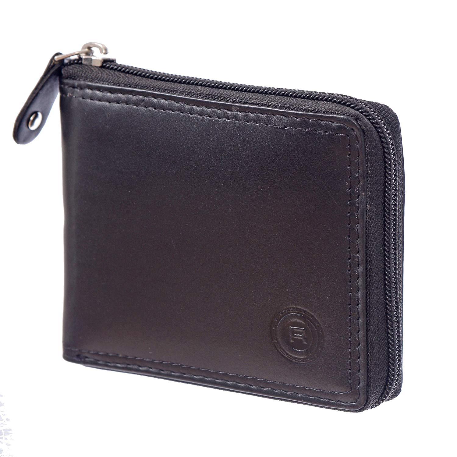 Men's Leather Zip Around Billfold Wallet featuring a zip closure, multiple card slots, and a coin pocket, crafted from high-quality leather.