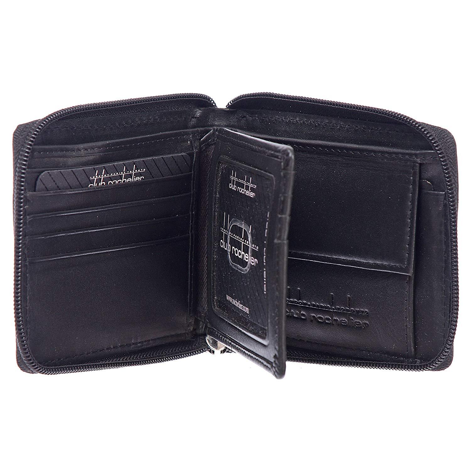 Men's Leather Zip Around Billfold Wallet featuring a zip closure, multiple card slots, and a coin pocket, crafted from high-quality leather.