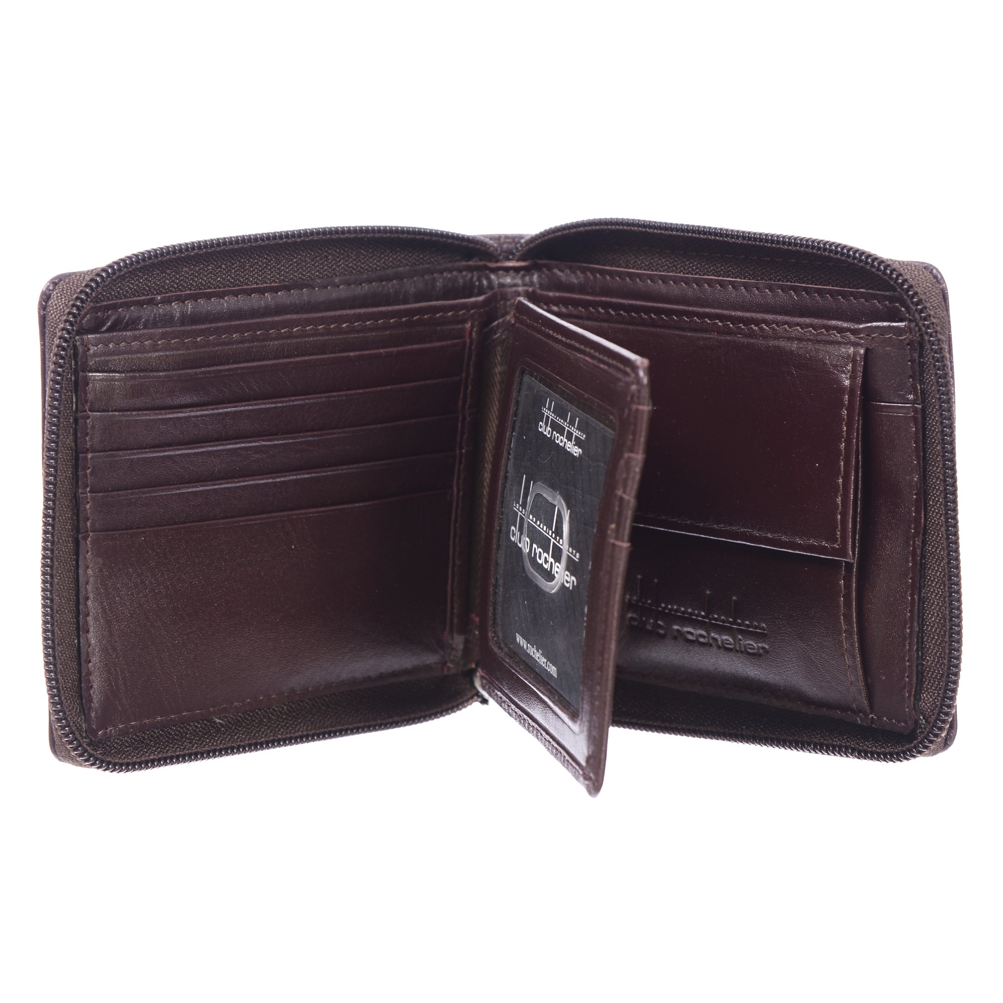 Men's Leather Zip Around Billfold Wallet featuring a zip closure, multiple card slots, and a coin pocket, crafted from high-quality leather.