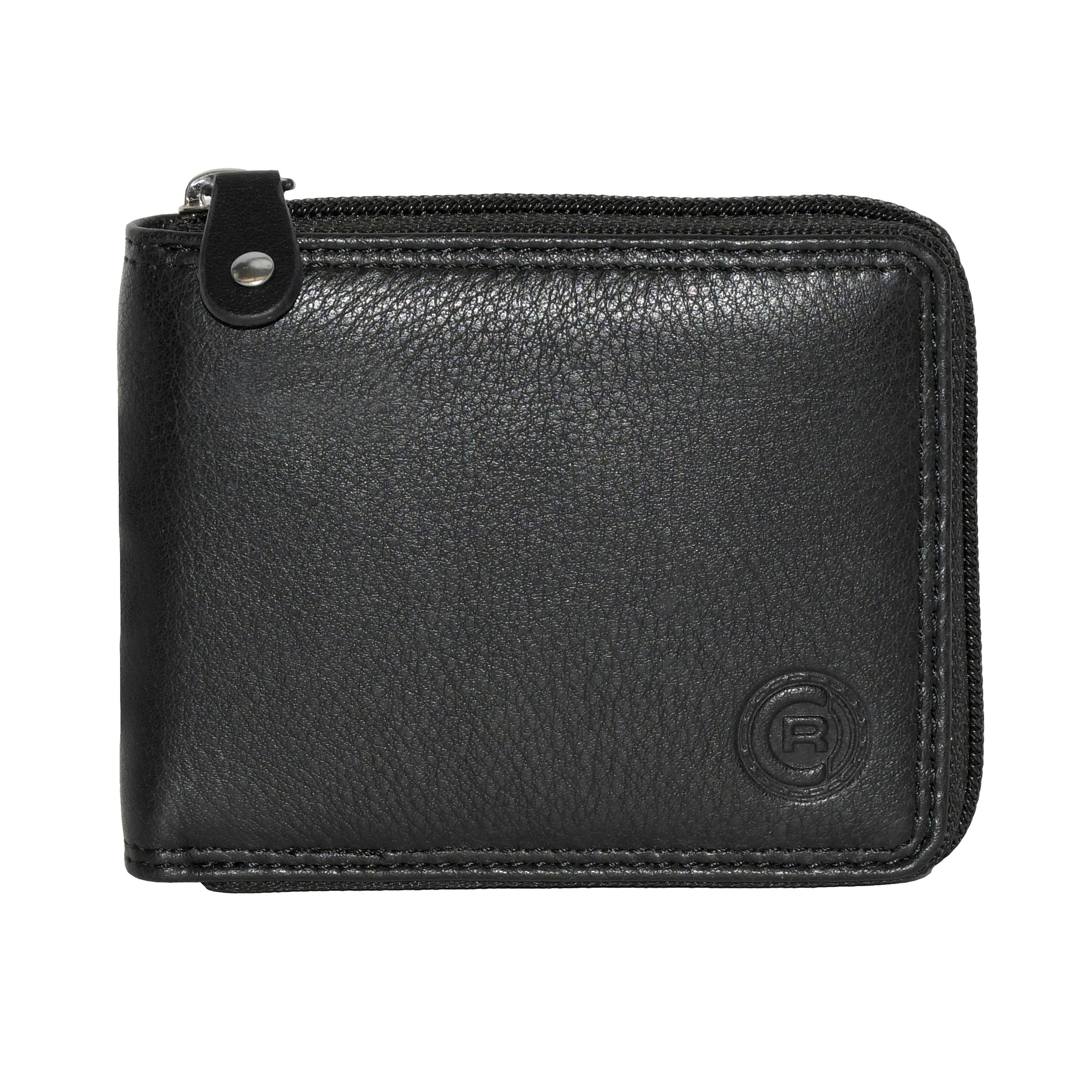 Men's Leather Zip Around Billfold Wallet featuring a zip closure, multiple card slots, and a coin pocket, crafted from high-quality leather.