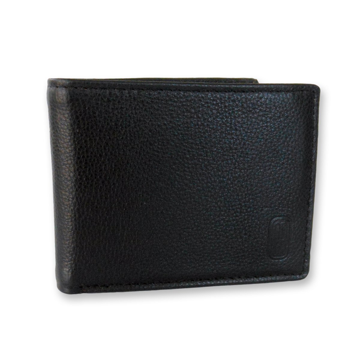 Men's Slim Fold Wallet in black leather with embossed design, featuring multiple card slots and ID windows.