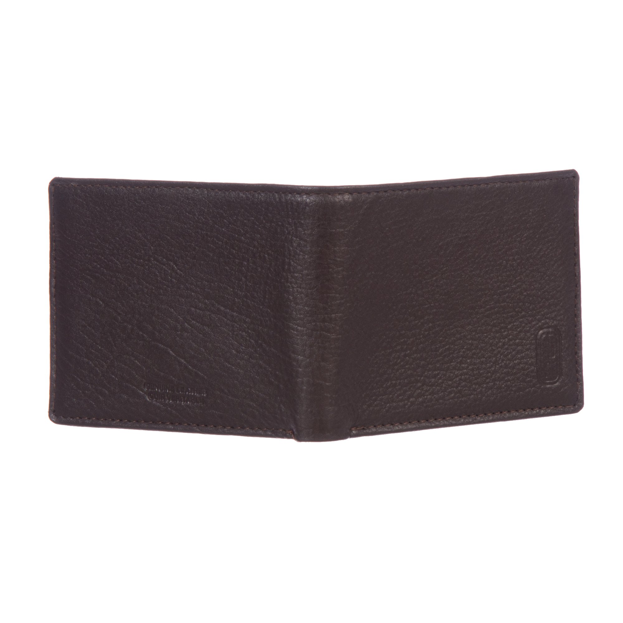 Men's Slim Fold Wallet in black leather with embossed design, featuring multiple card slots and ID windows.