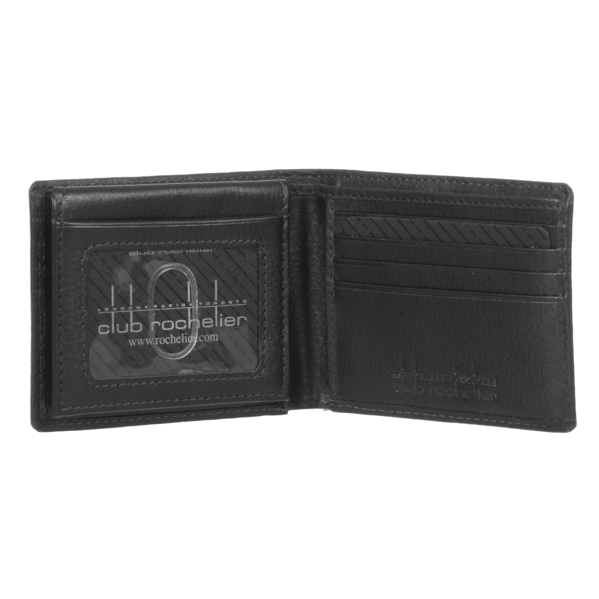 Men's Slim Fold Wallet in black leather with embossed design, featuring multiple card slots and ID windows.