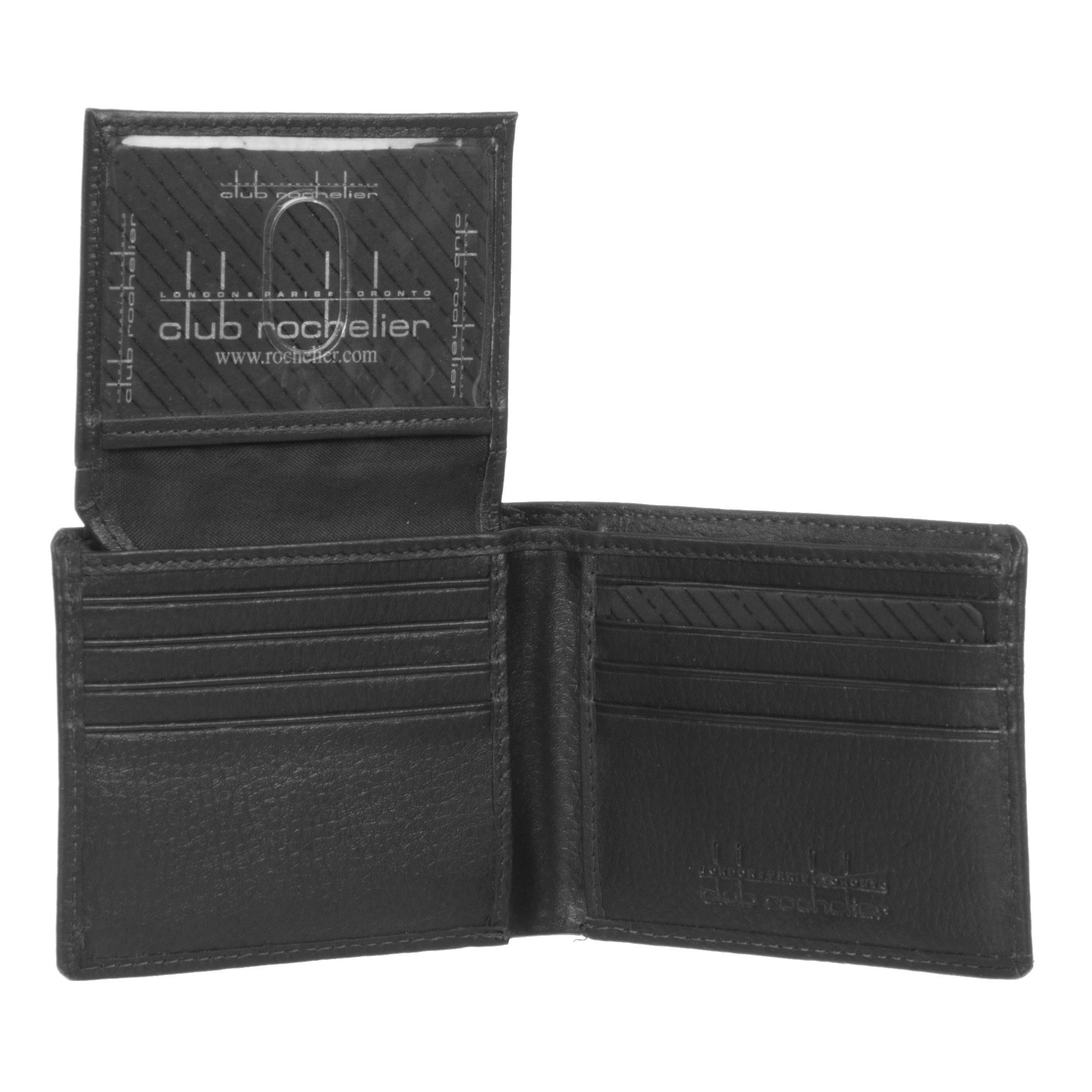 Men's Slim Fold Wallet in black leather with embossed design, featuring multiple card slots and ID windows.