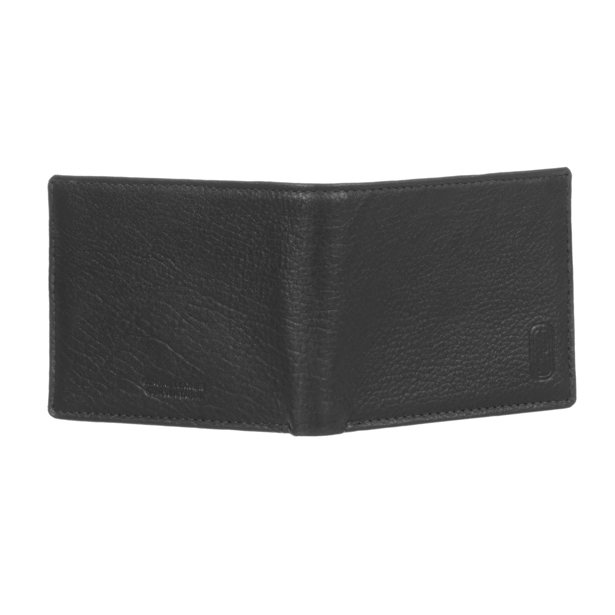 Men's Slim Fold Wallet in black leather with embossed design, featuring multiple card slots and ID windows.