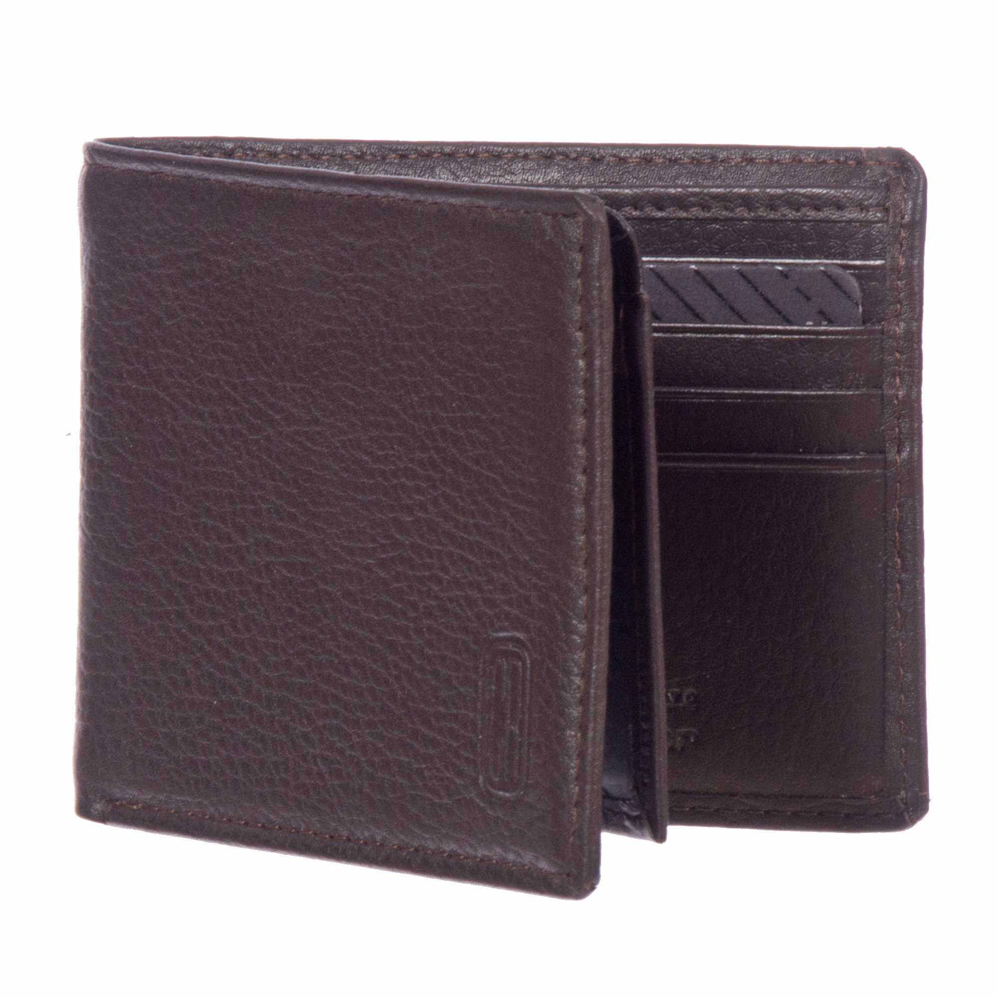 Men's Slim Fold Wallet in black leather with embossed design, featuring multiple card slots and ID windows.