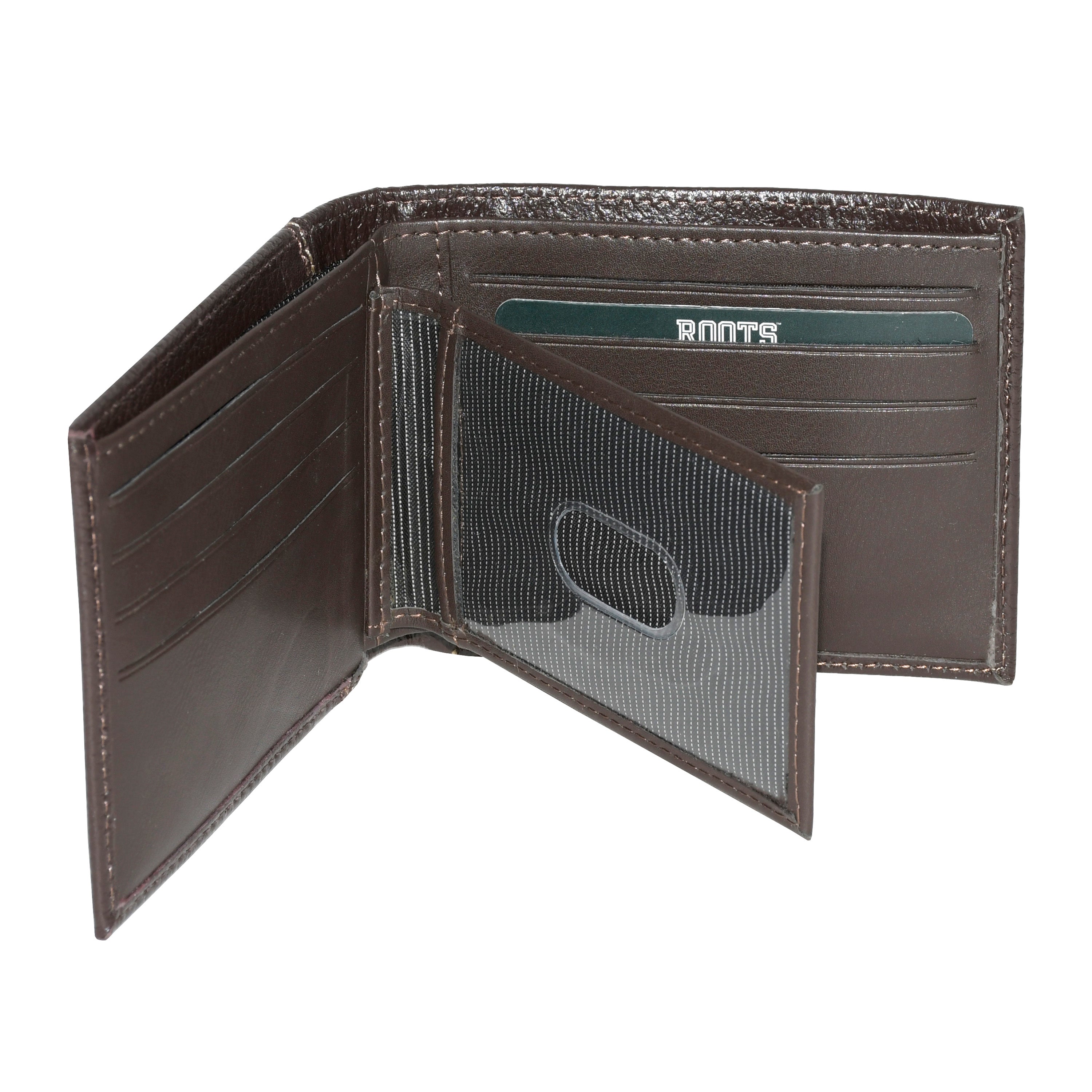 Men's Slim Wallet from ROOTS Midland Collection in durable man-made leather, featuring multiple card slots and a minimalist design.