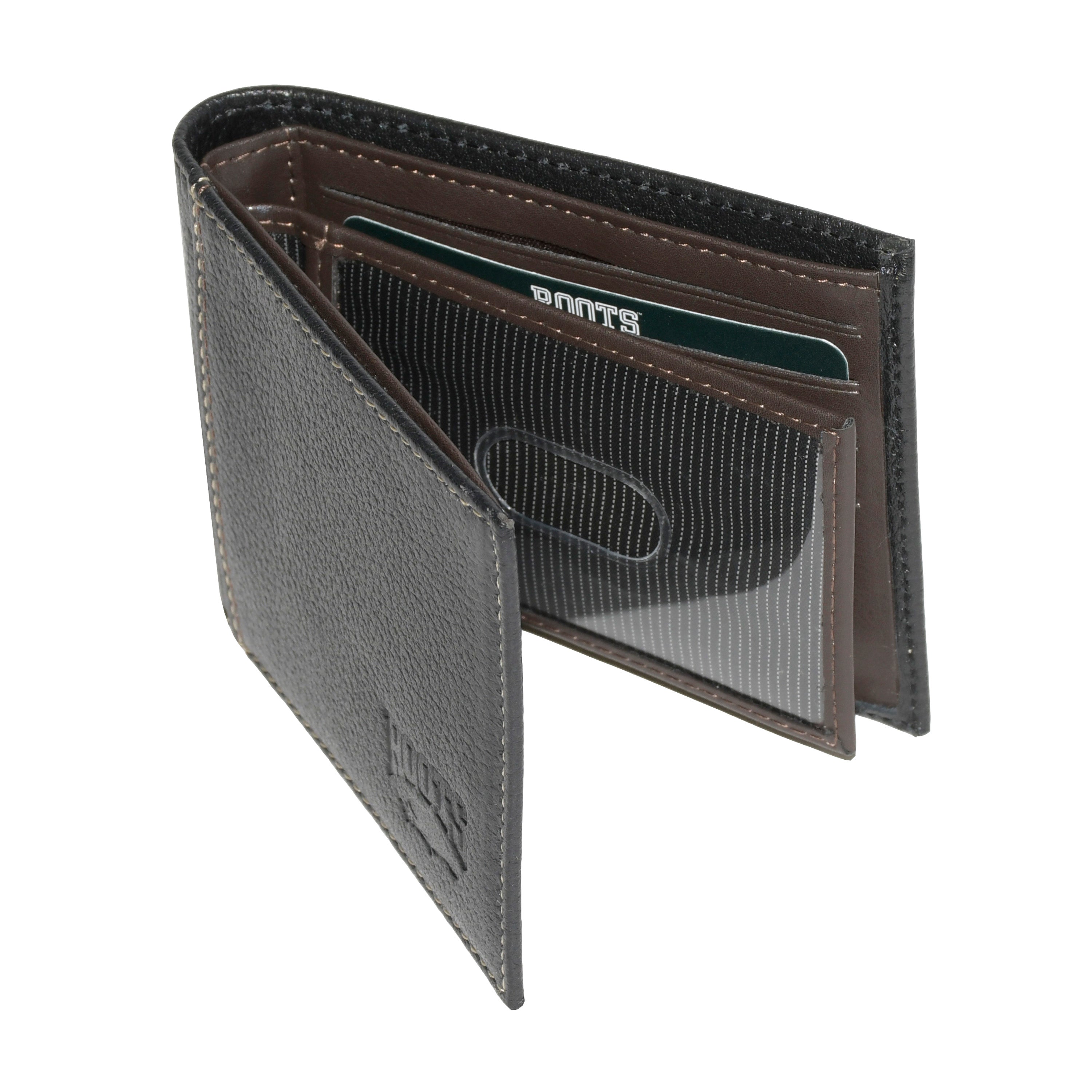 Men's Slim Wallet from ROOTS Midland Collection in durable man-made leather, featuring multiple card slots and a minimalist design.