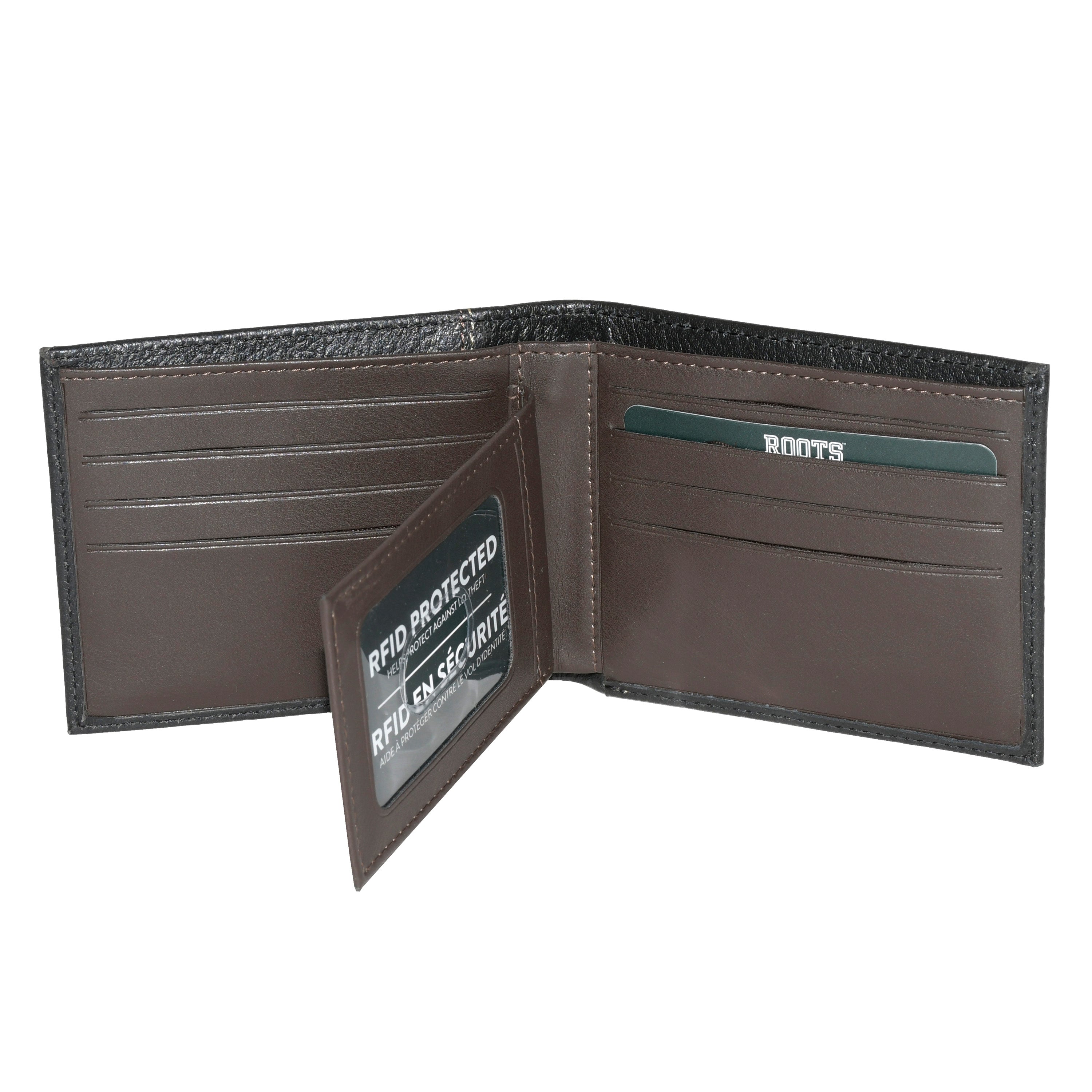 Men's Slim Wallet from ROOTS Midland Collection in durable man-made leather, featuring multiple card slots and a minimalist design.