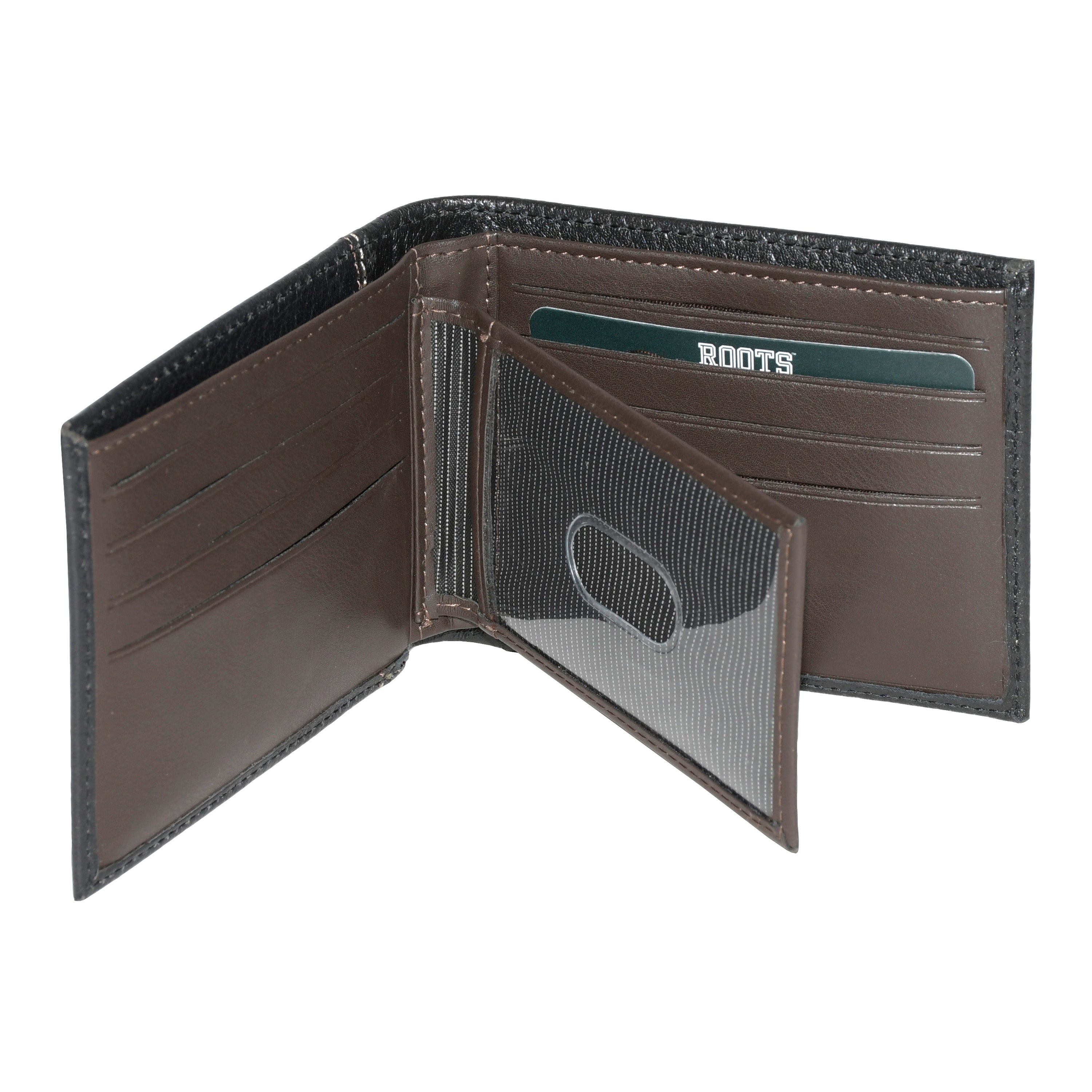 Men's Slim Wallet from ROOTS Midland Collection in durable man-made leather, featuring multiple card slots and a minimalist design.