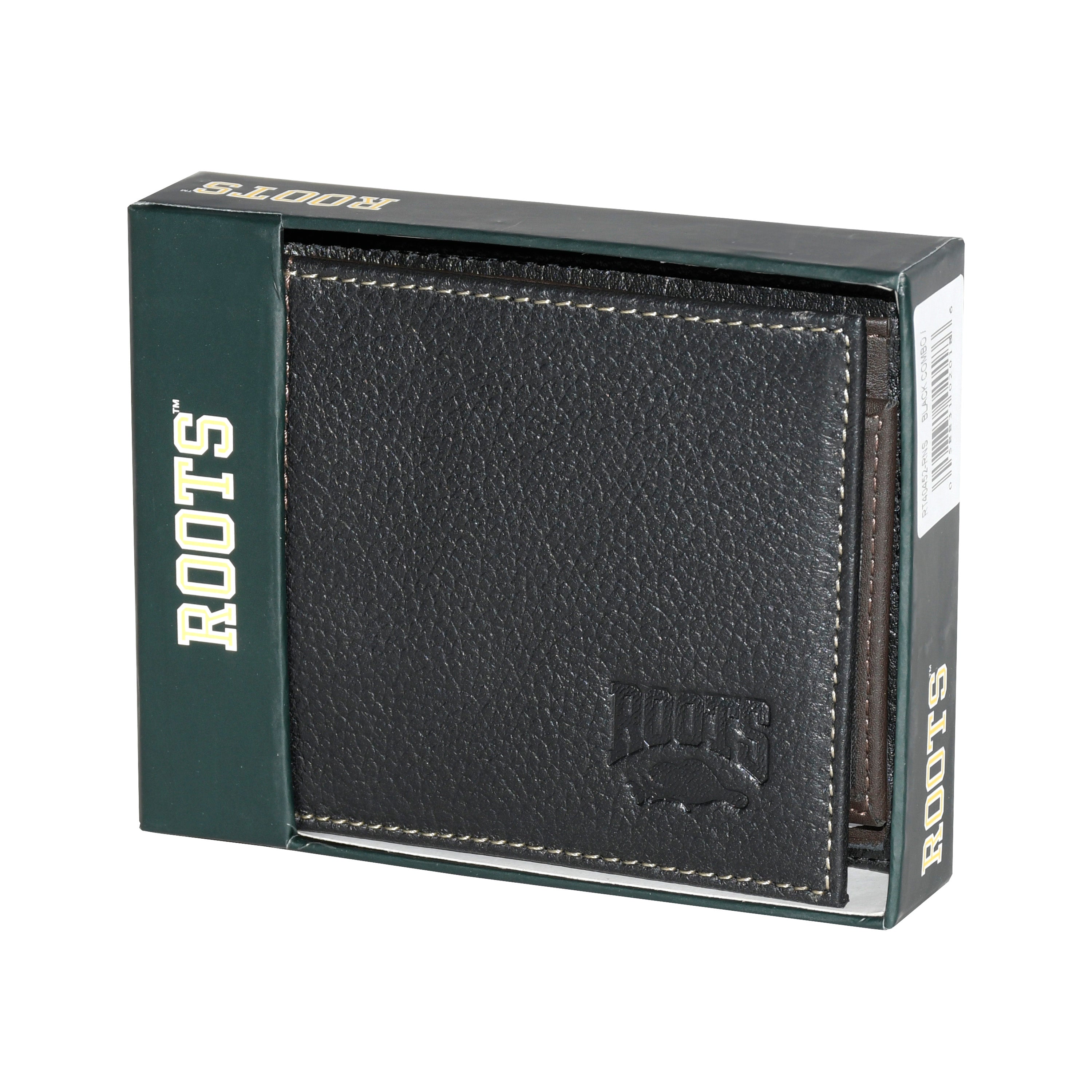 Men's Slim Wallet from ROOTS Midland Collection in durable man-made leather, featuring multiple card slots and a minimalist design.