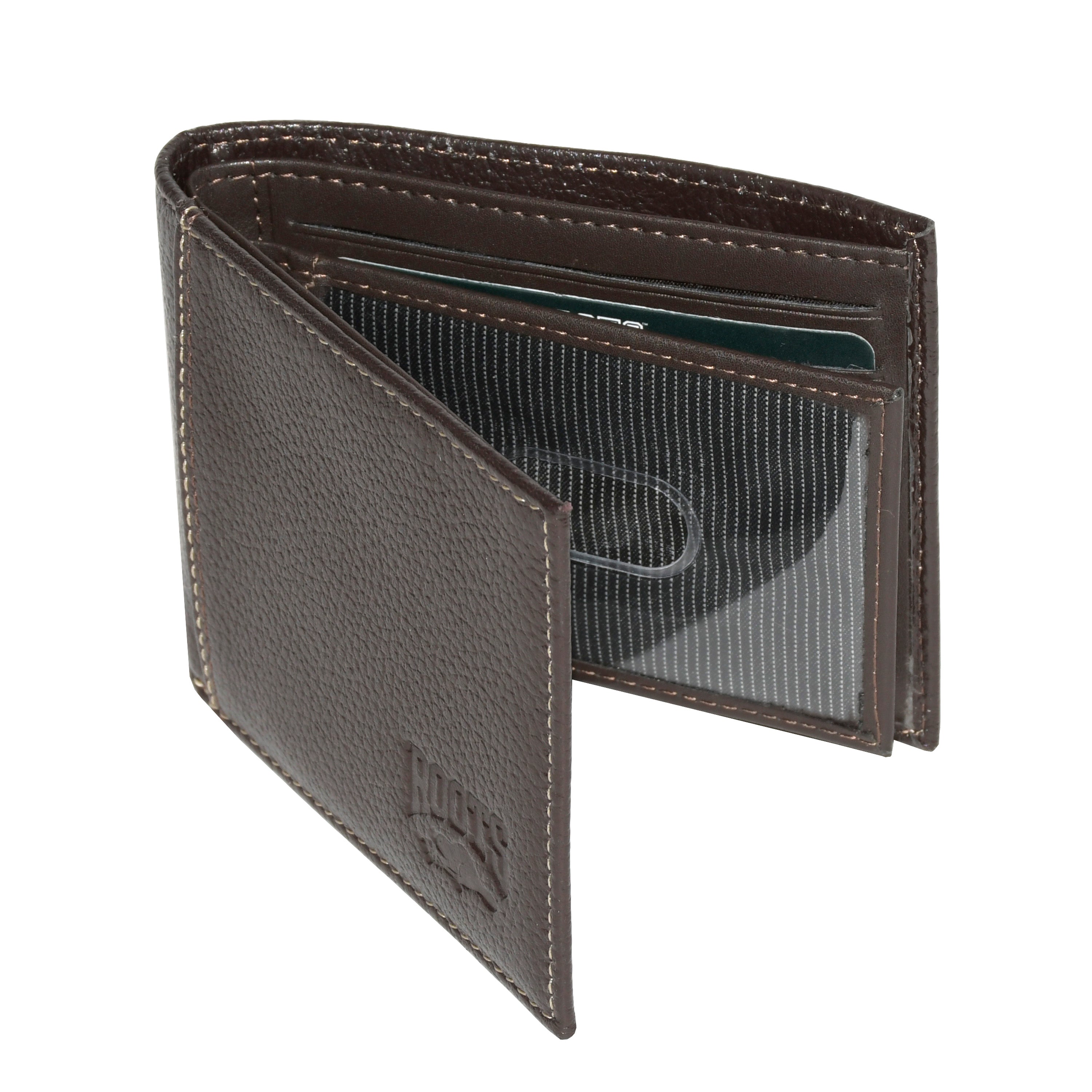 Men's Slim Wallet from ROOTS Midland Collection in durable man-made leather, featuring multiple card slots and a minimalist design.