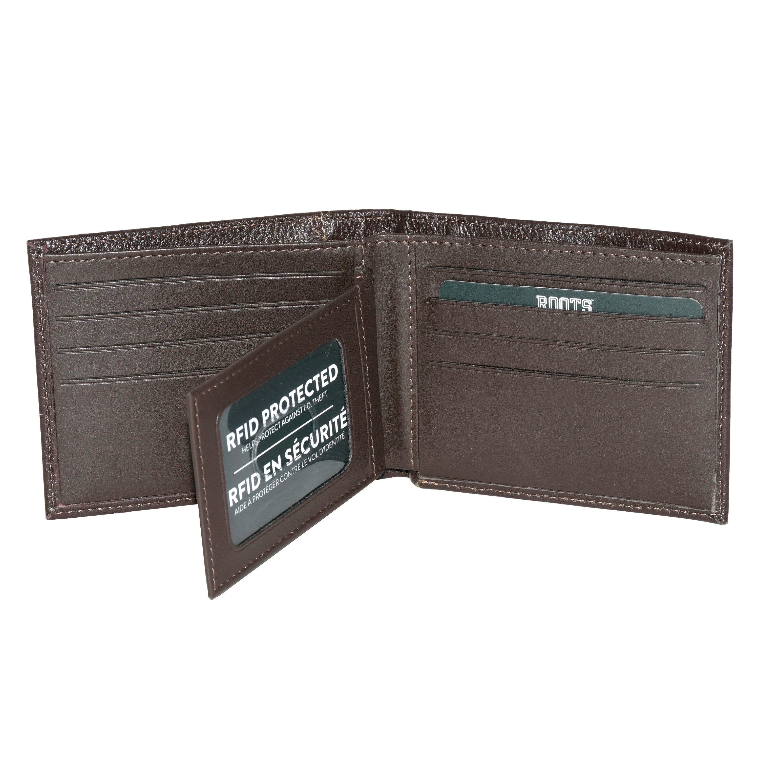 Men's Slim Wallet from ROOTS Midland Collection in durable man-made leather, featuring multiple card slots and a minimalist design.