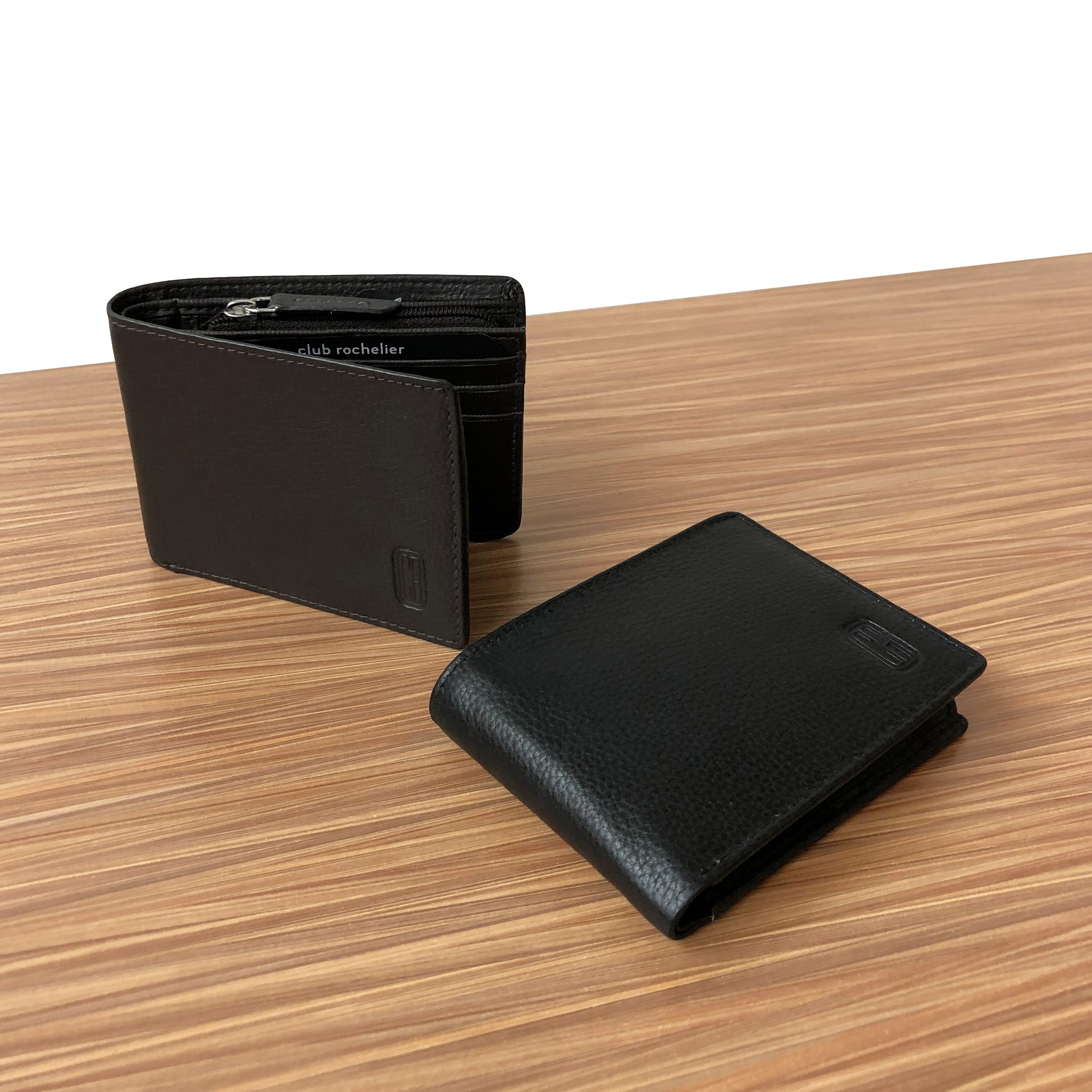 Men's slim leather wallet featuring a zippered coin pocket and multiple card slots, showcasing its stylish and functional design.