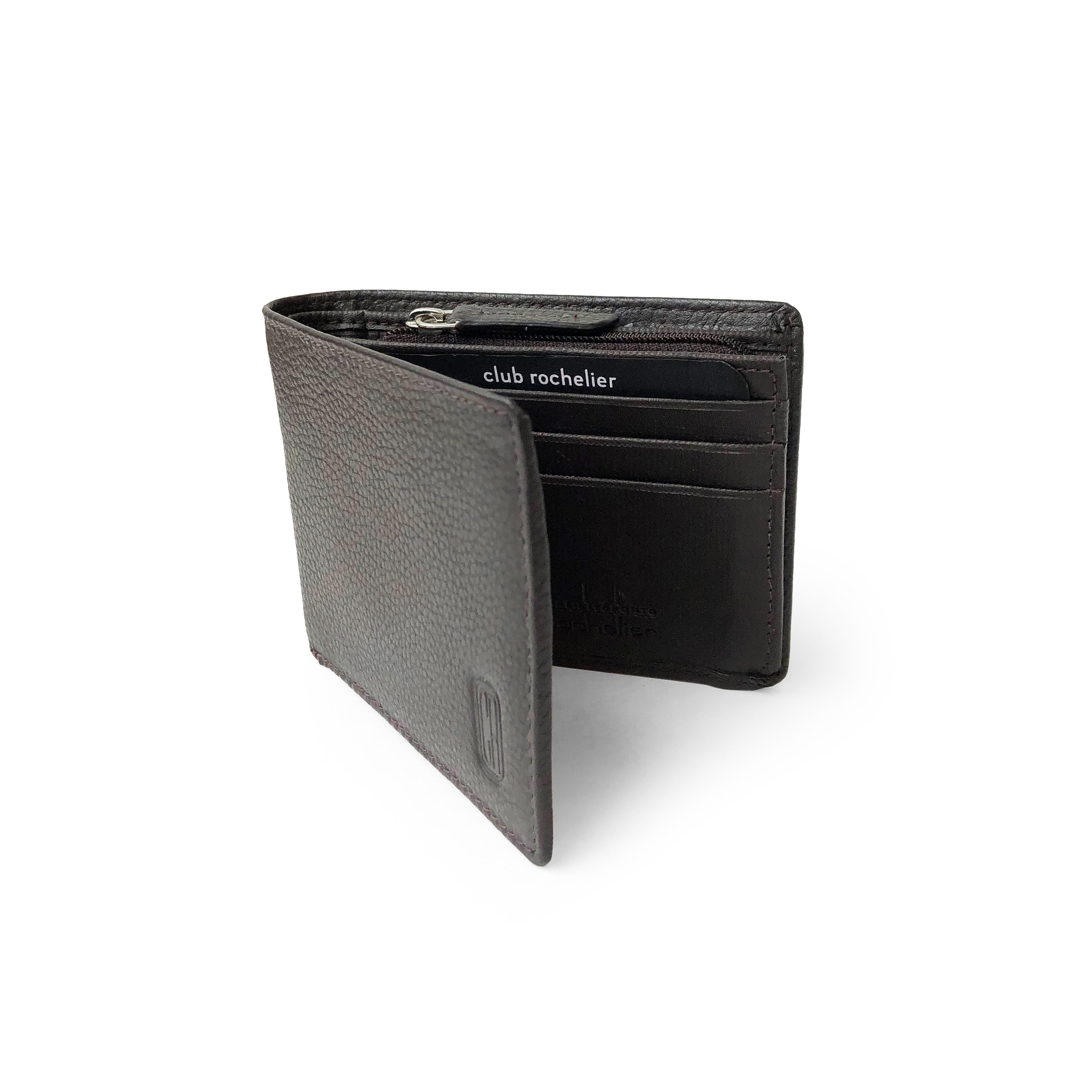 Men's slim leather wallet featuring a zippered coin pocket and multiple card slots, showcasing its stylish and functional design.